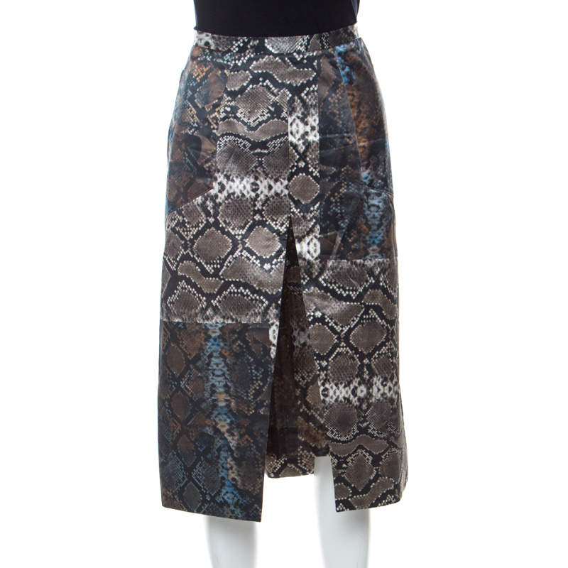 Preen Multicolor Python Print Front Slit Detail Pencil Skirt L