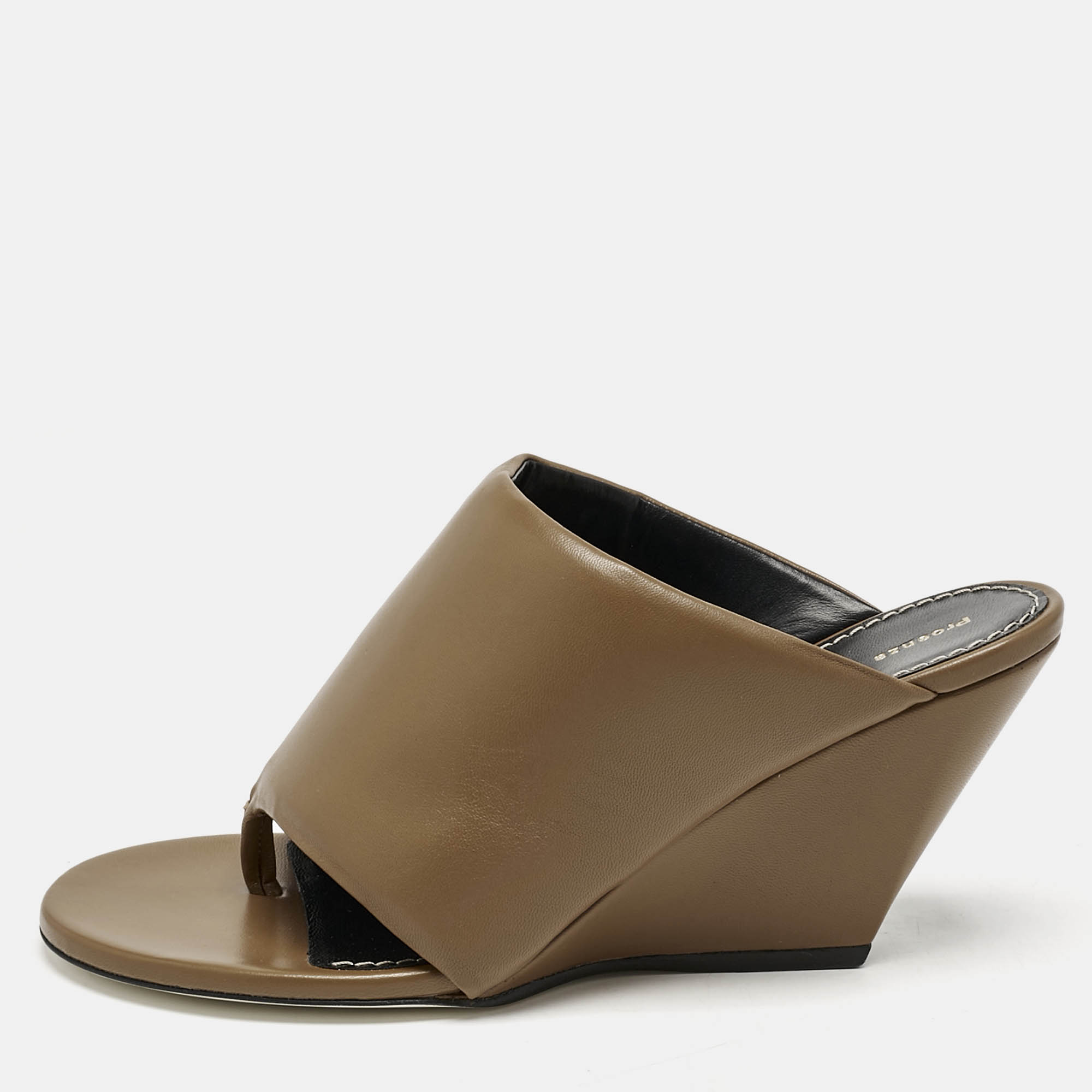 Pre Owned Proenza Schouler Brown Leather Slant Wedge Tong Sandals Size 37.5