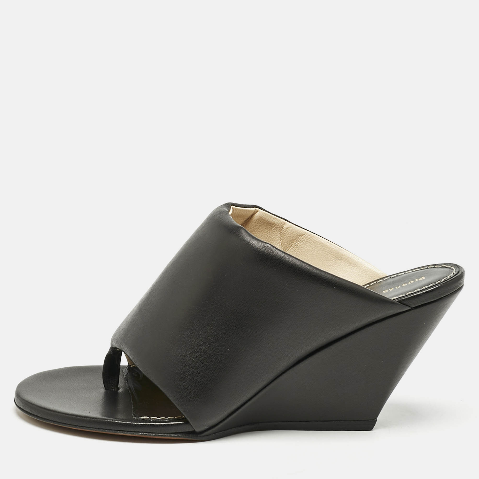 Pre Owned Proenza Schouler Black Leather Slant Wedge Tong Sandals Size 38.5