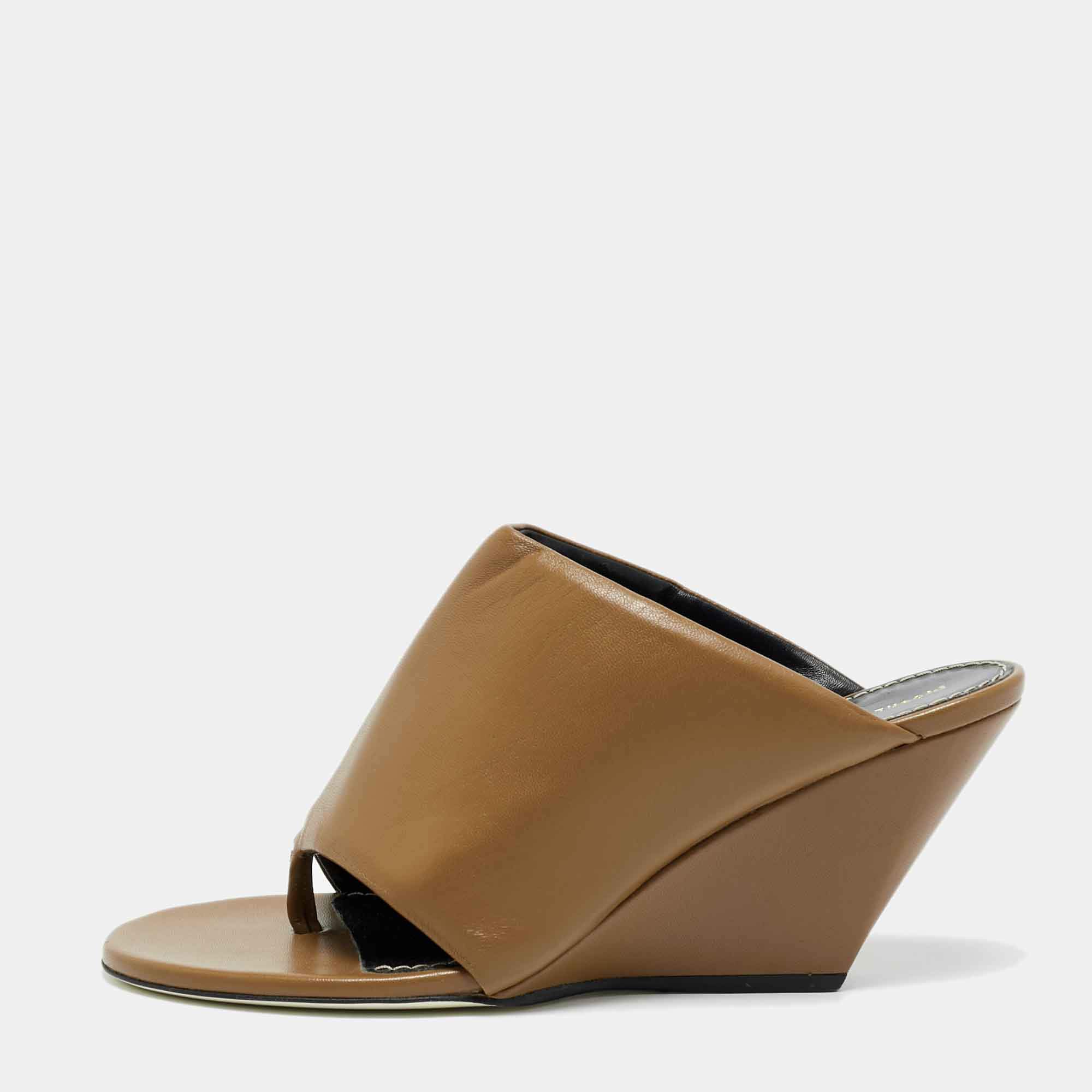 Pre Owned Proenza Schouler Brown Leather Slant Wedge Sandals Size 39