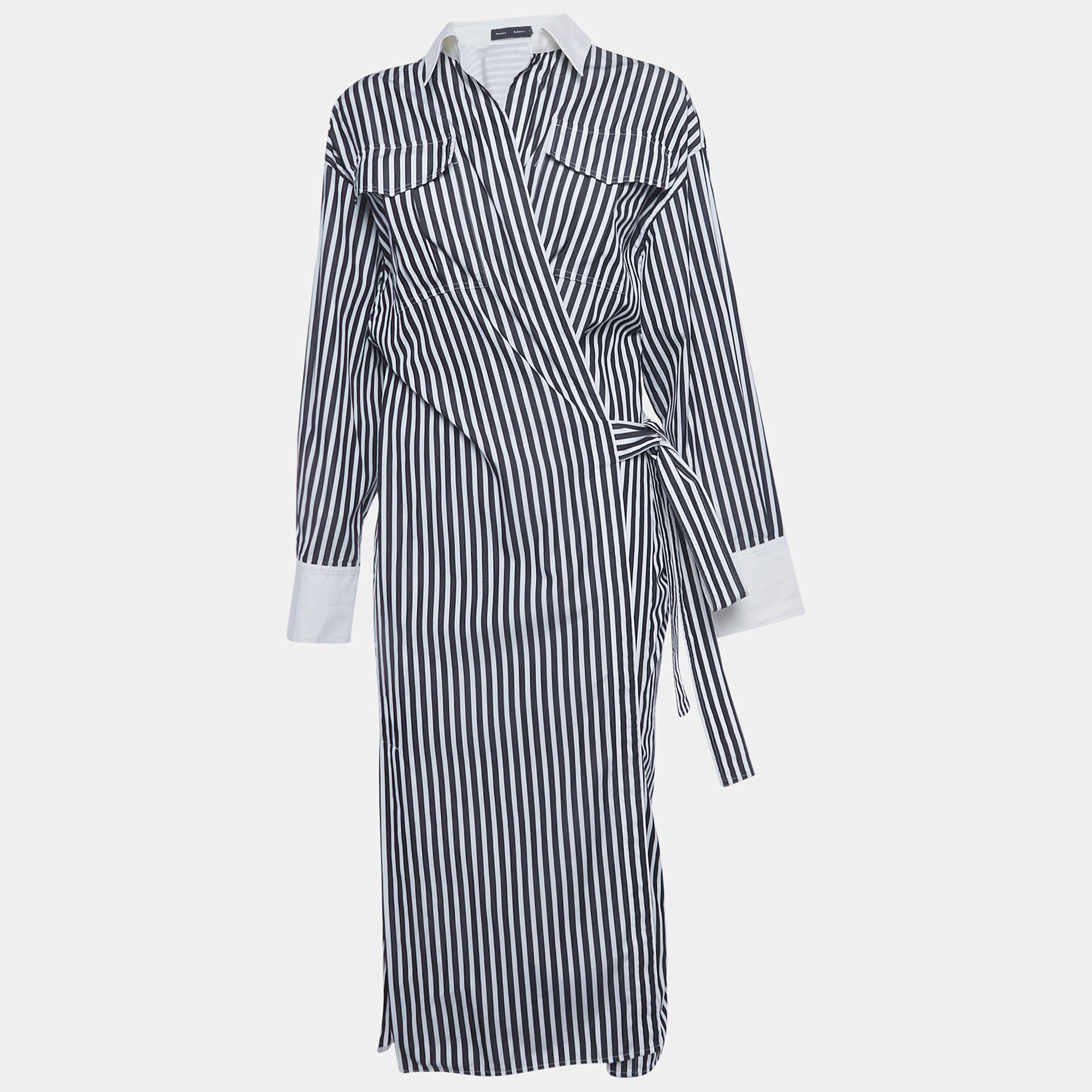 Pre Owned Proenza Schouler Black / White Striped Cotton Cut -Out Wrap Around Shirt Dress M