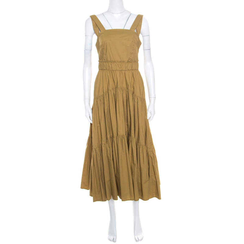 Pre Owned Proenza Schouler Khaki Green Cotton Tiered Tea Length Sleeveless Dress S