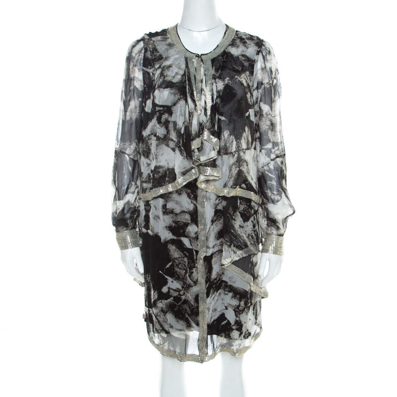 Pre Owned Proenza Schouler Monochrome Abstract Print Sheer Silk Embellished Waterfall Jacket and Dress Set M