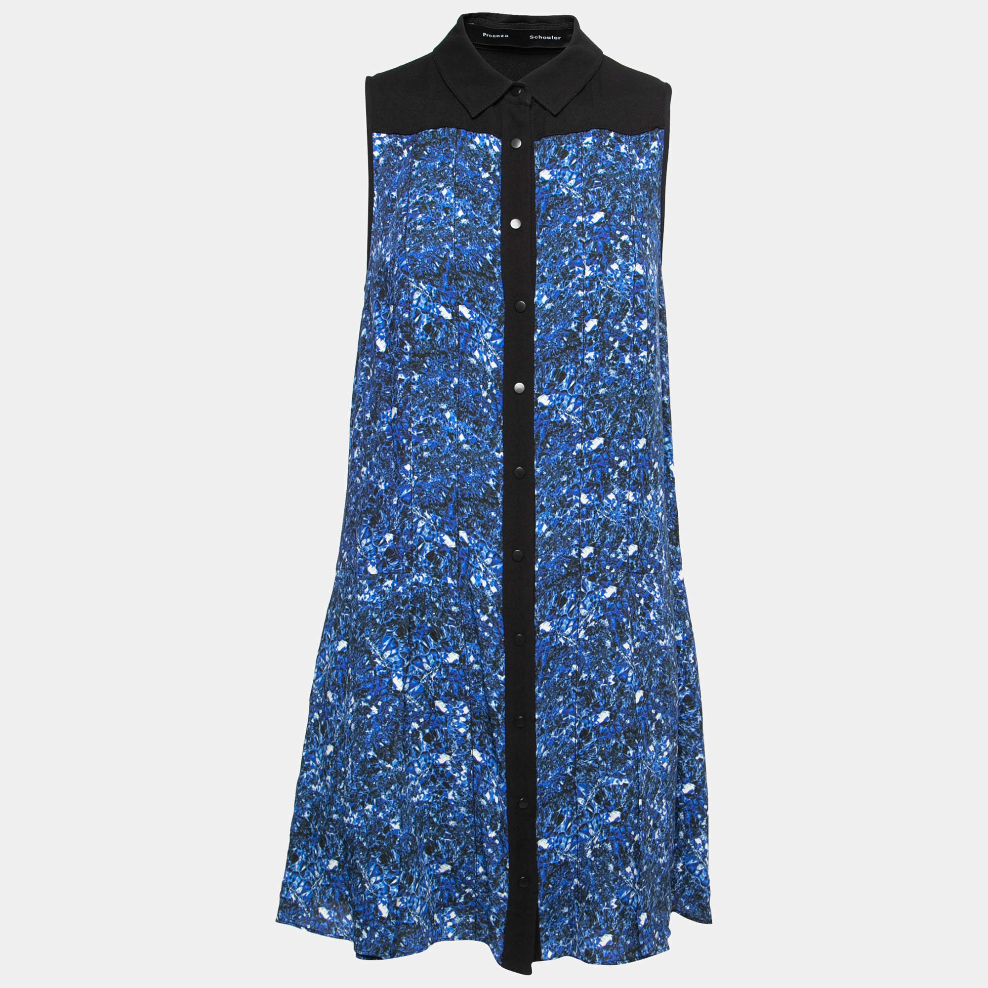 Pre Owned Proenza Schouler Blue and Black Micro Printed Silk Georgette Flared Dress S
