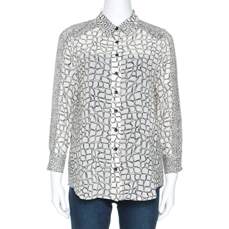 Pre Owned Proenza Schouler Cream Printed Silk Button Front Shirt M