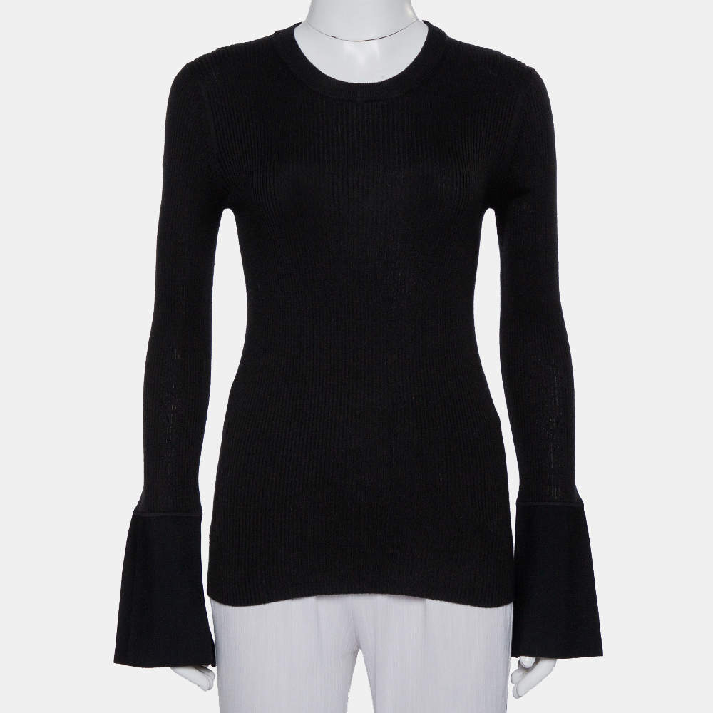 Pre Owned Proenza Schouler Black Rib Knit Bell Sleeve Crewneck Top S