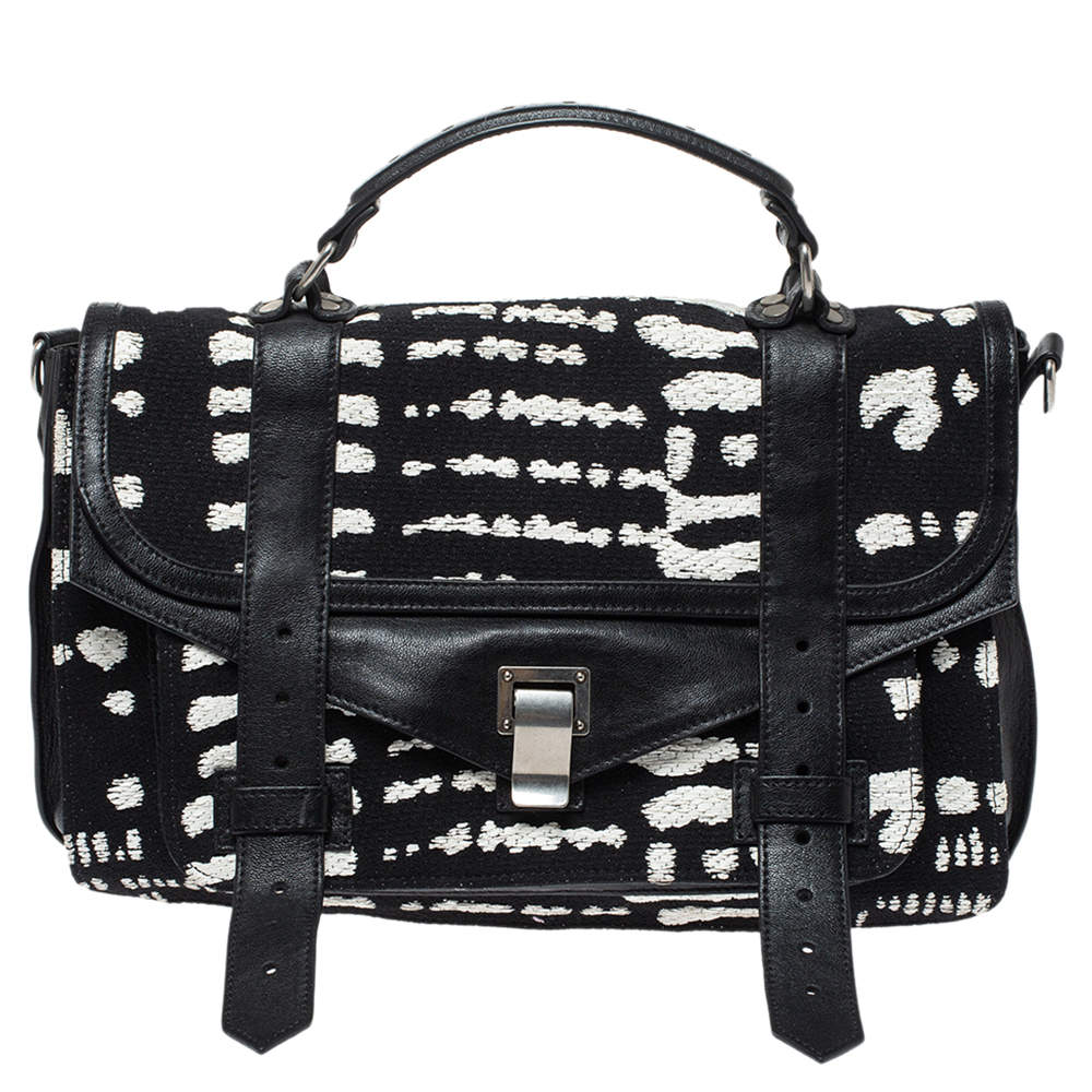 Pronza Schouler Black/White Leather and Canvas Medium PS1 Top Handle Bag