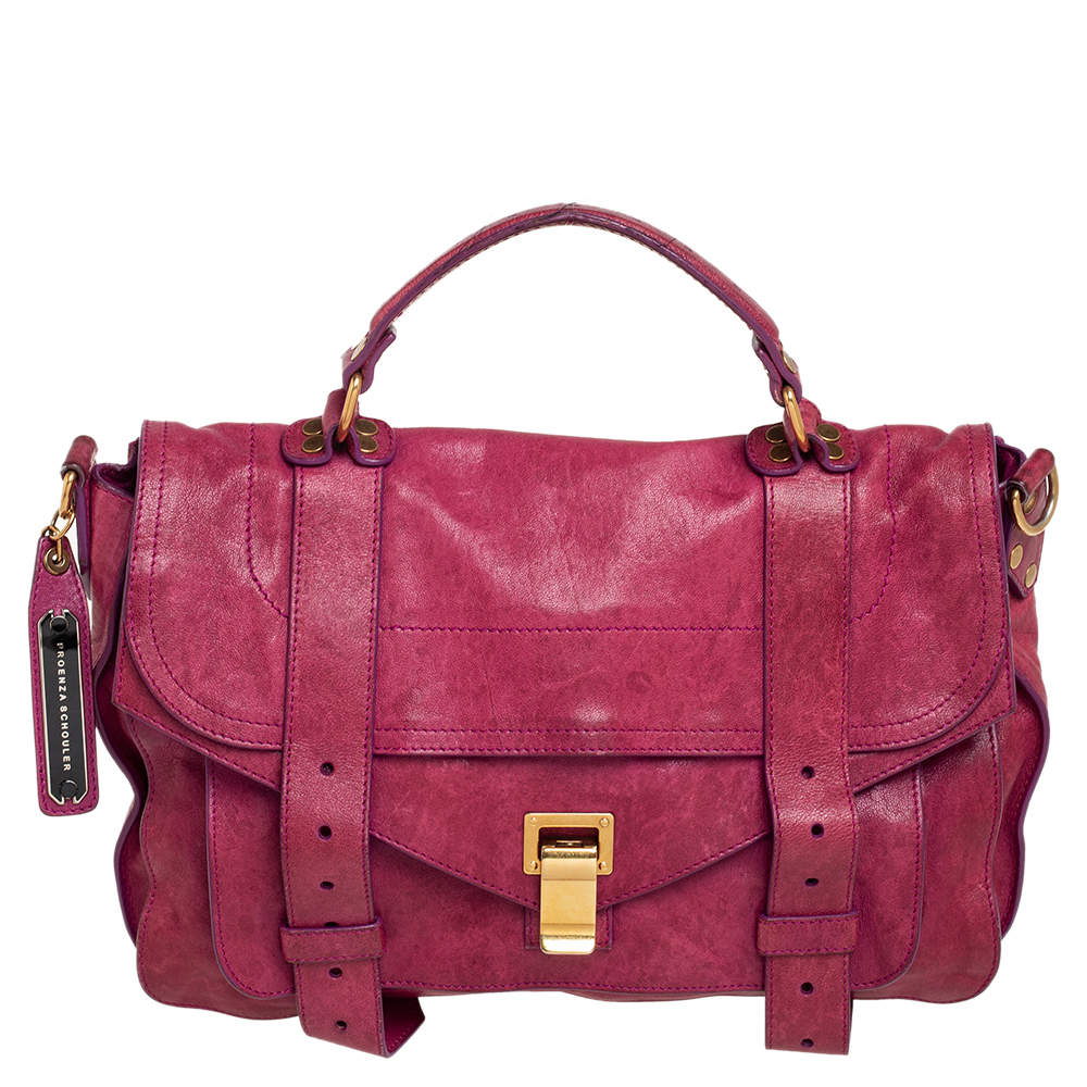 Pre Owned Proenza Schouler Magenta Leather Medium PS1 Top Handle Bag