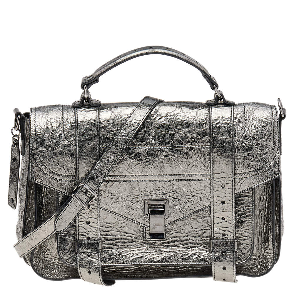 Proenza Schouler Metallic Silver Leather Medium PS1 Top Handle Bag