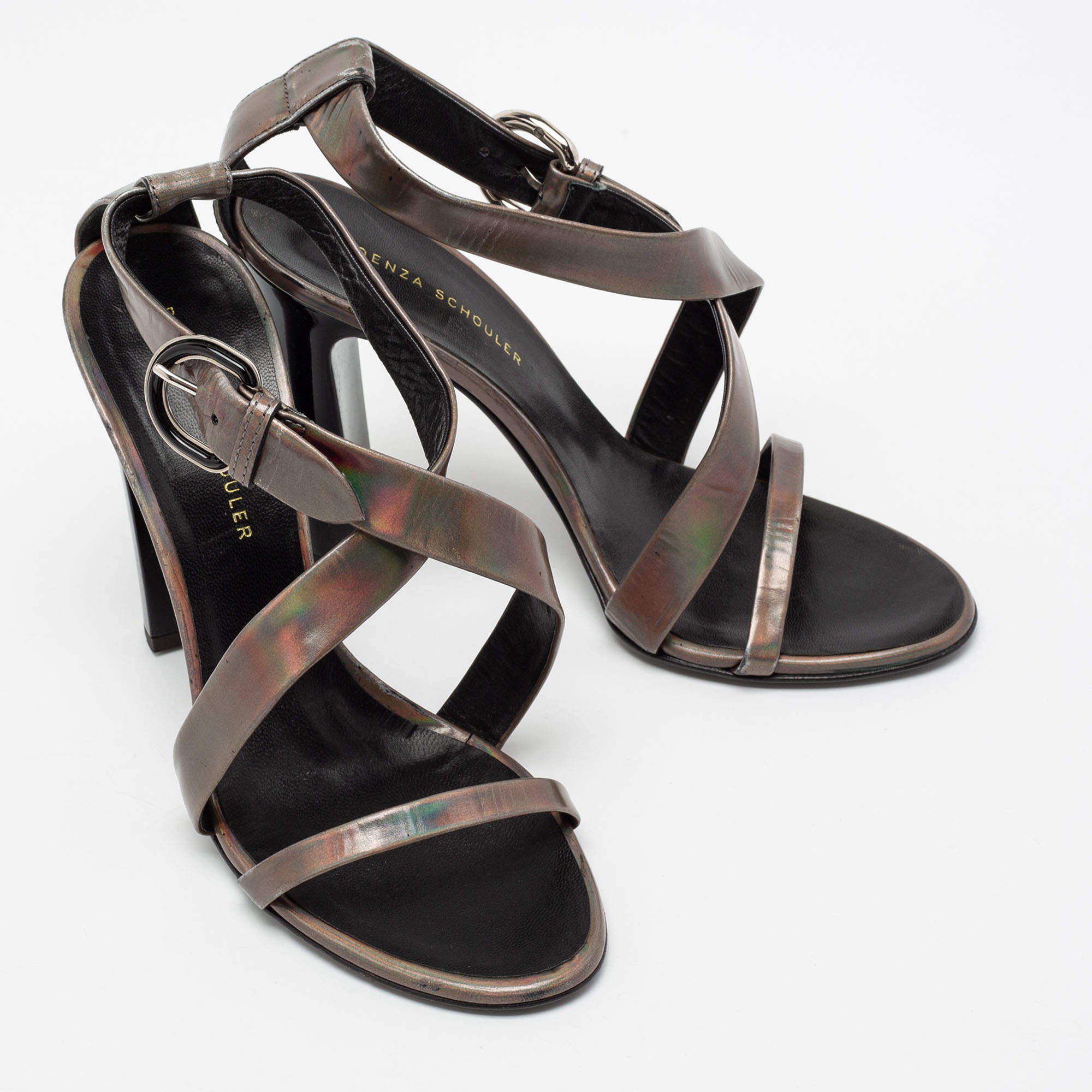 Pre Owned Proenza Schouler Metallic Patent Leather Iridescent Strappy Sandals Size 37.5
