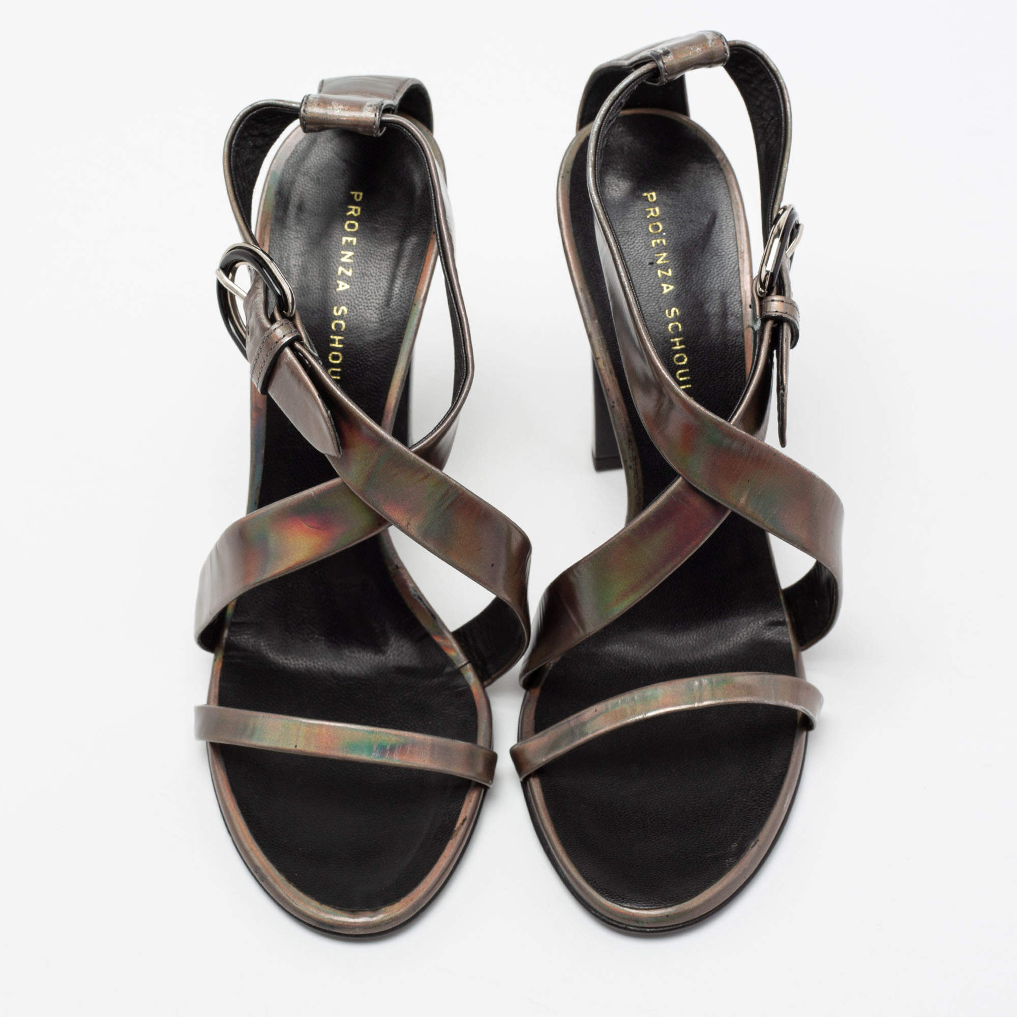 Pre Owned Proenza Schouler Metallic Patent Leather Iridescent Strappy Sandals Size 37.5