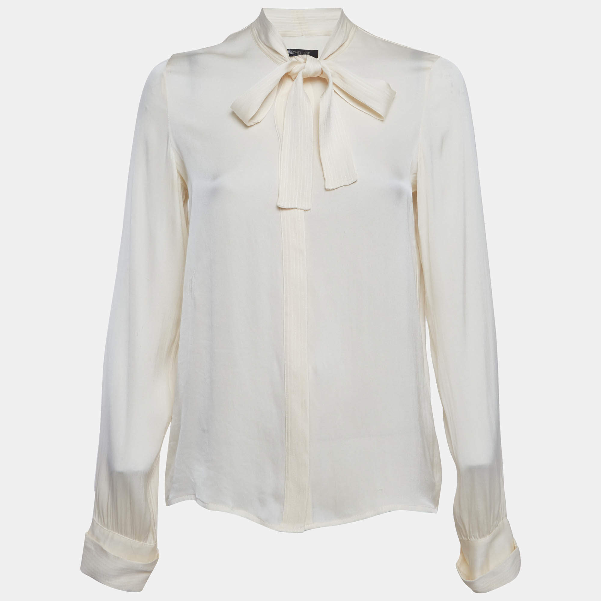 Pre Owned Rachel Zoe Cream Silk Blend Tie Collar Blouse S