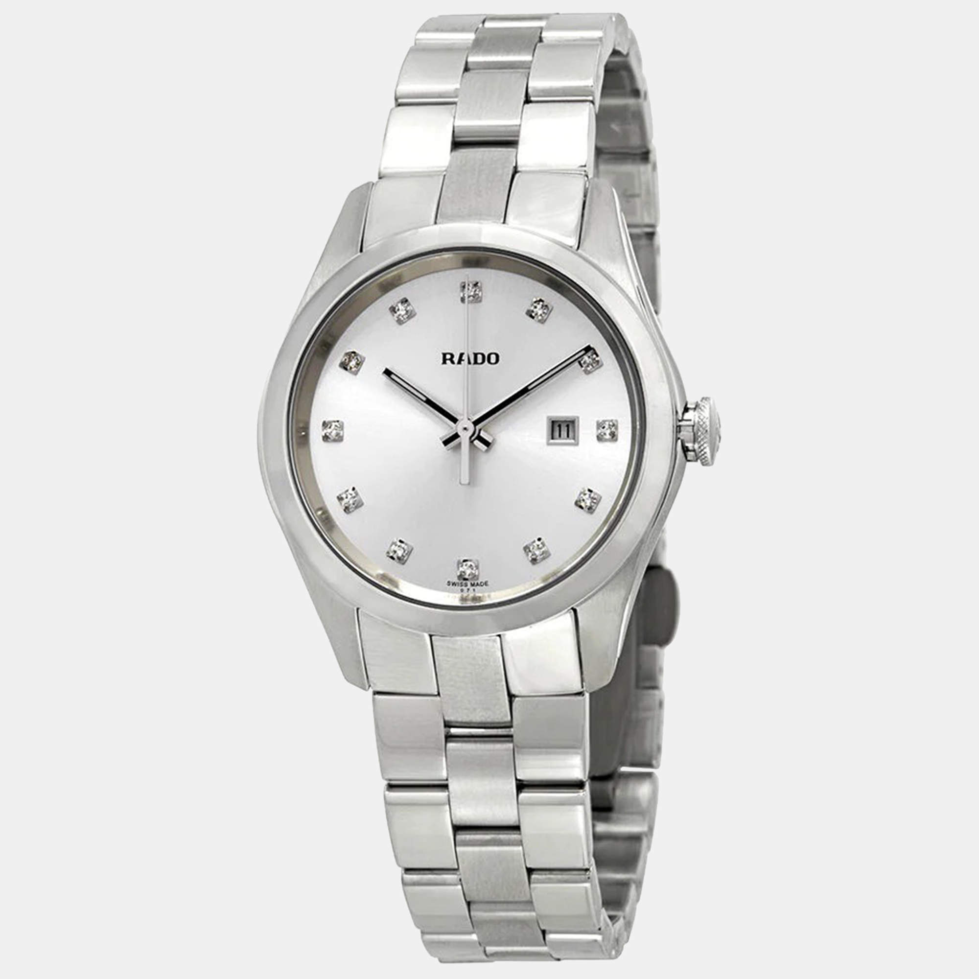 RADO HYPERCHROME DIAMOND SILVER DIAL LADIES WATCH R32110713 37.5 mm x 31 mm