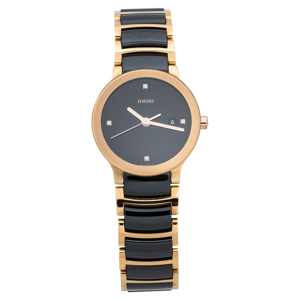 Rado Black Ceramic Gold PVD Coated Stainless Steel Diamond Centrix R30555712 Women's Wristwatch 28 mm