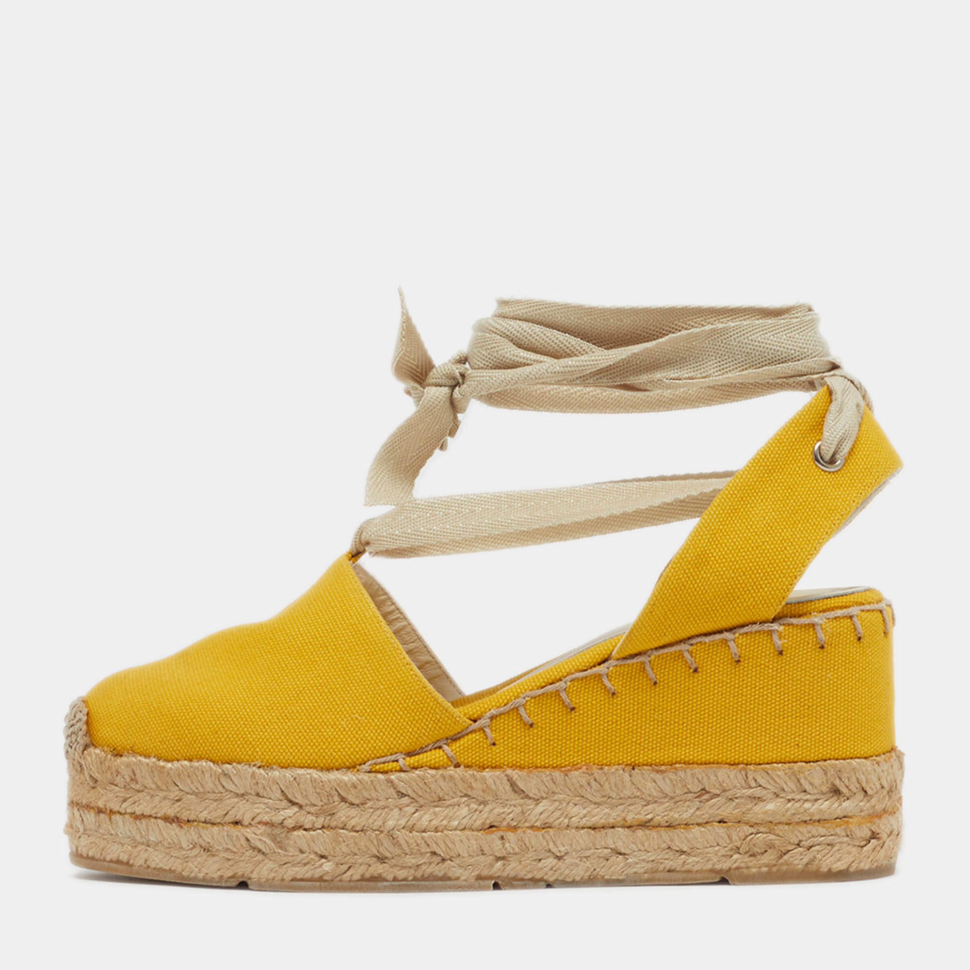 مملوكة مسبقًا Ralph Lauren Collection Size 36.5 Yellow Canvas Wedge Sandals