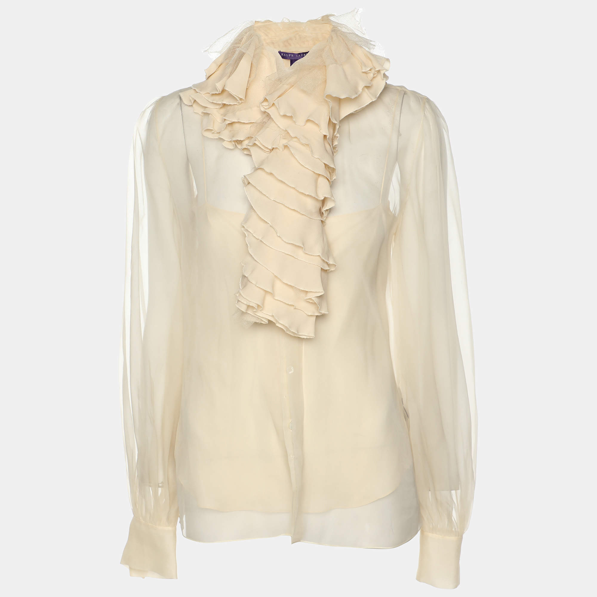Ralph Lauren Collection Beige Chiffon Ruffled Trim Tops S