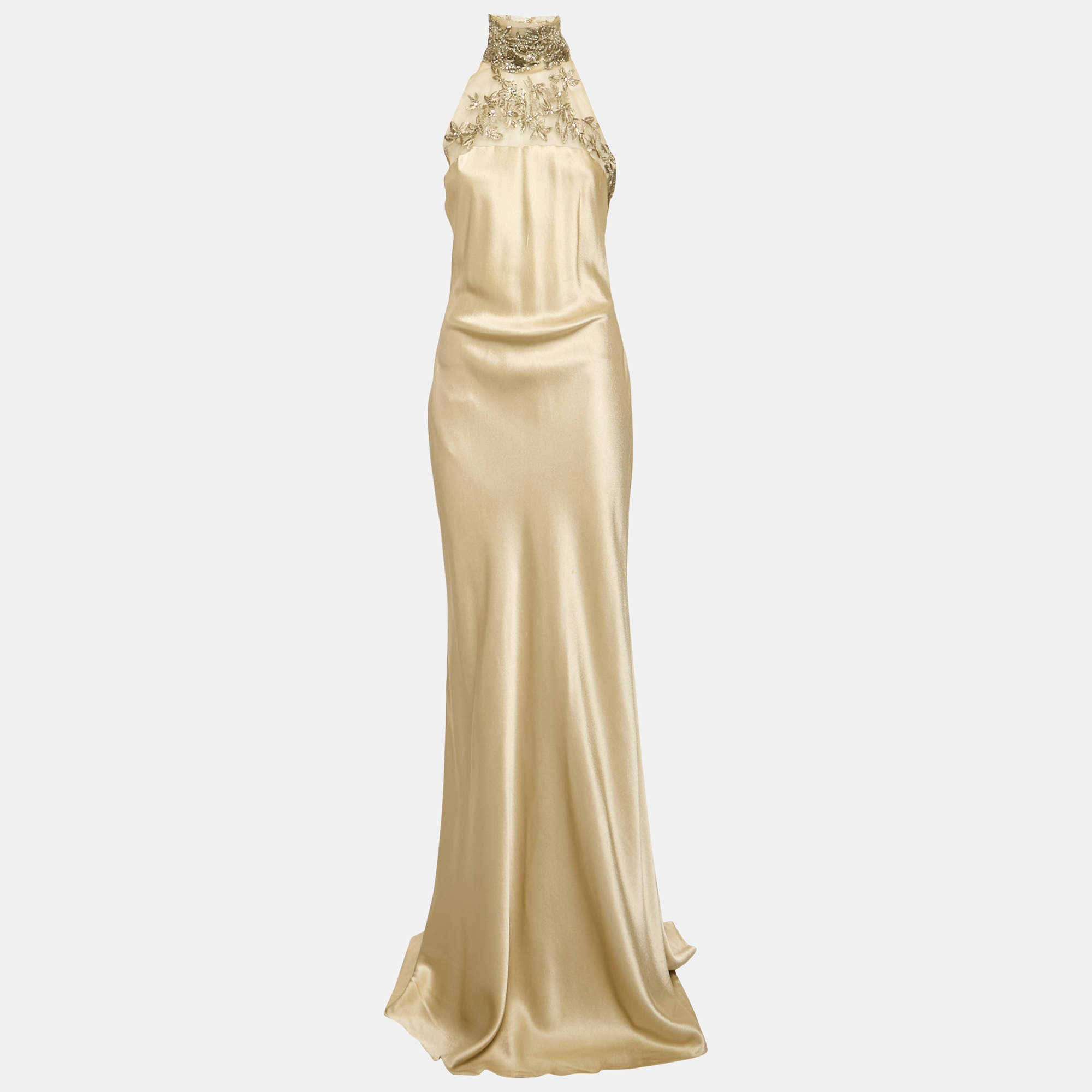 Pre Owned Ralph Lauren Collection Gold Silk Satin  Embellished Yoke Gown M