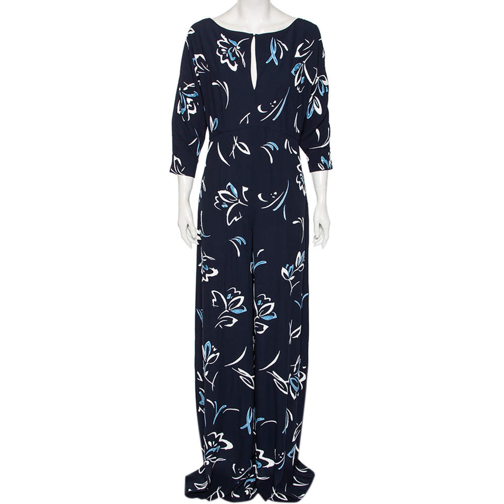 Pre Owned Ralph Lauren Midnight Blue Embellished Crepe Hollins Jumpsuit M