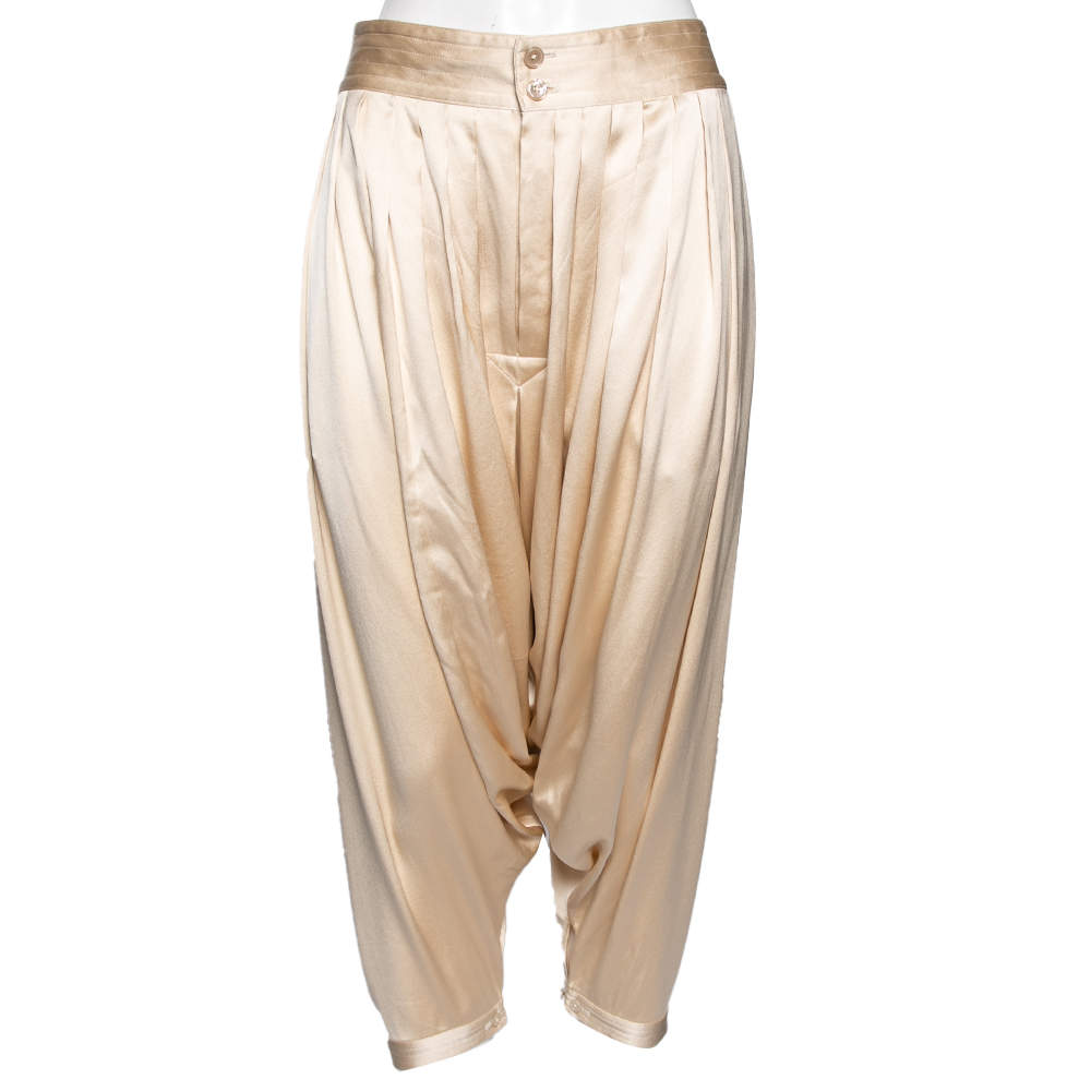 Pre Owned Ralph Lauren Collection Cream Silk Satin Pleated Harem Pants M