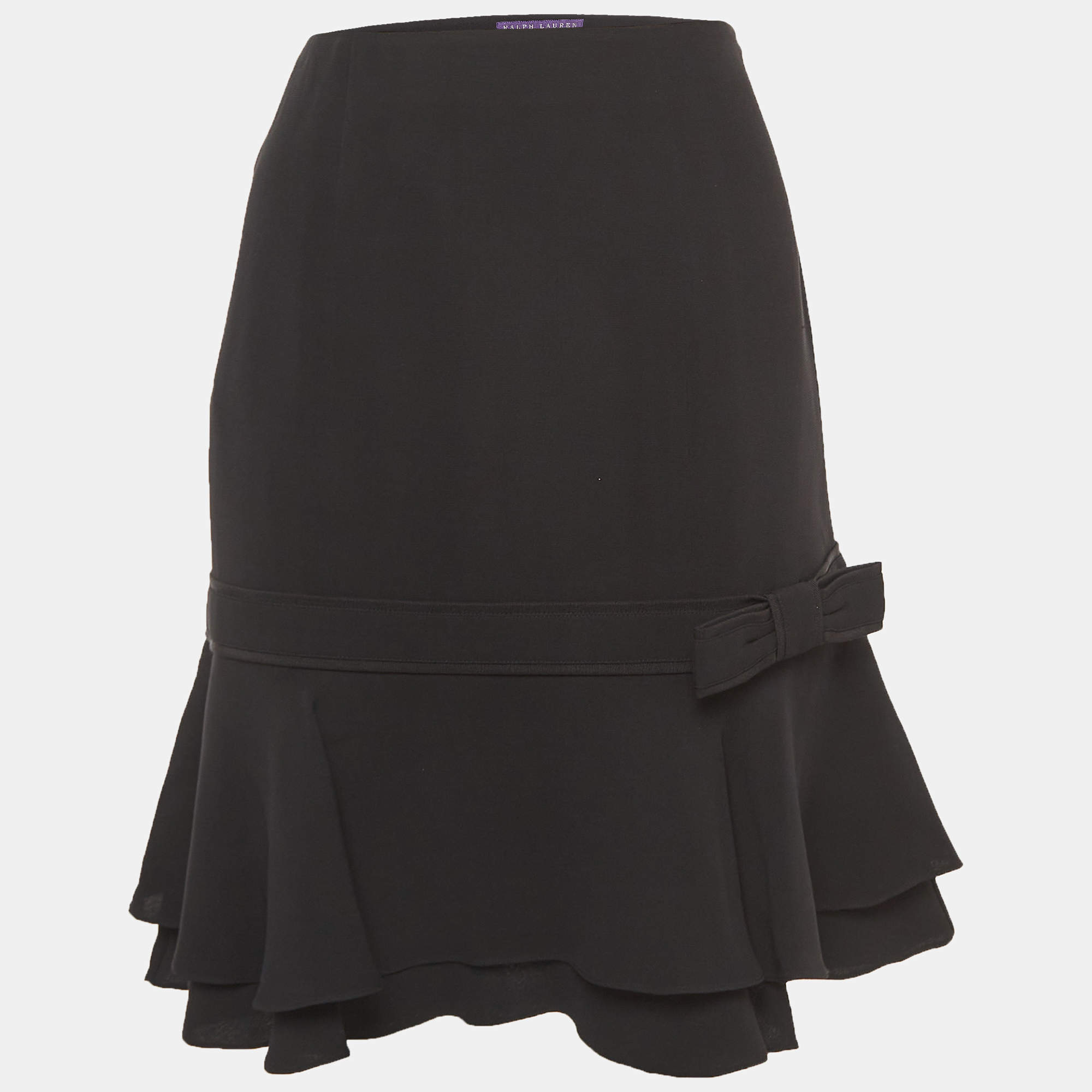Pre Owned Ralph Lauren Collection Black Silk Bow Detail Ruffled Short Skirt L