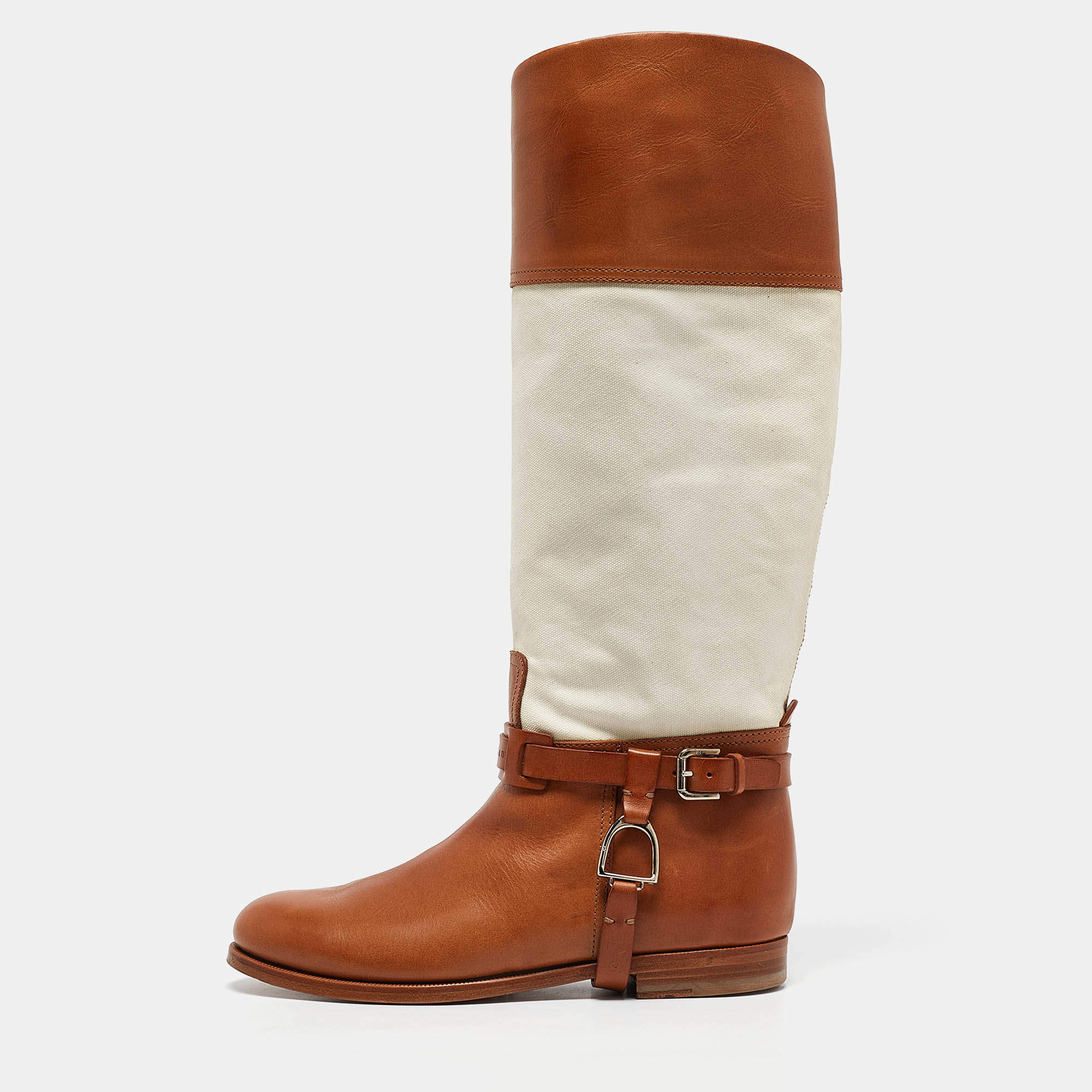 Ralph Lauren Tan/White Canvas and Leather Riding Knee Length Boots Size 38