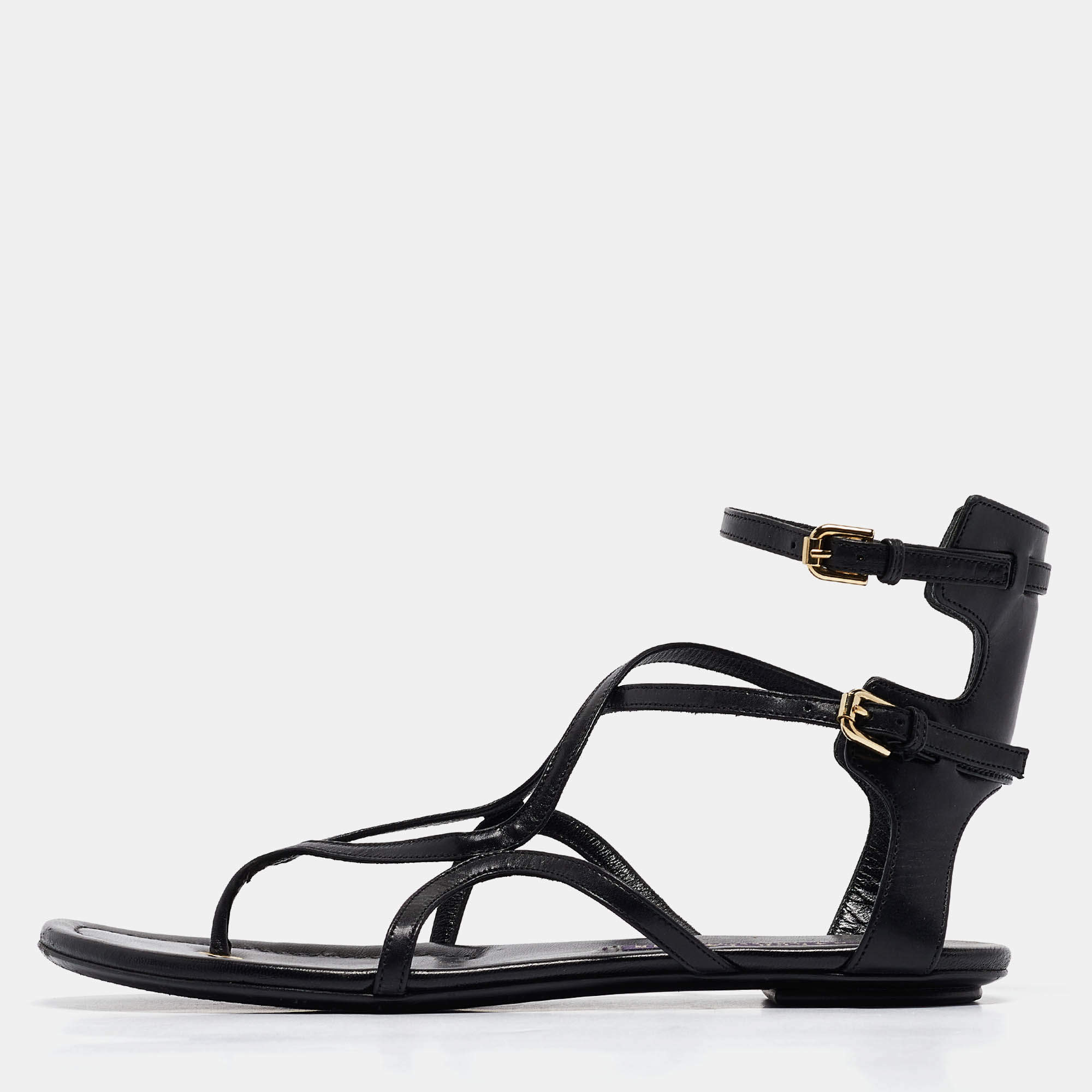 Ralph Lauren Collection Black Leather Ankle Strap Flat Sandals Size 37