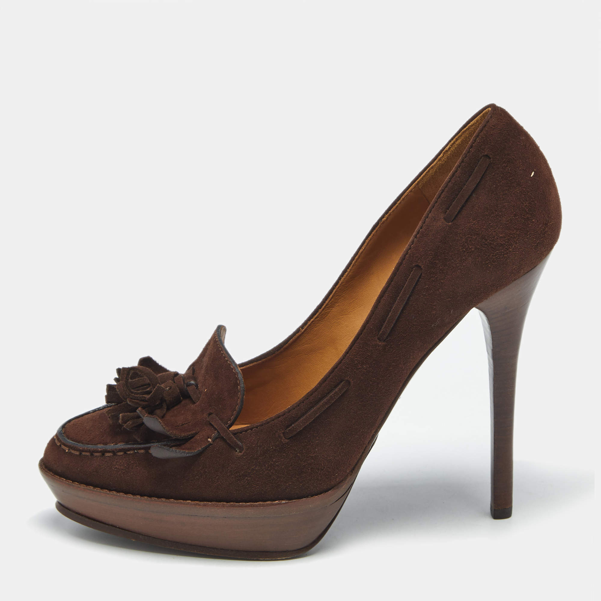 Pre Owned Ralph Lauren Brown Suede Tassel Platform Loafer Pumps Size 39