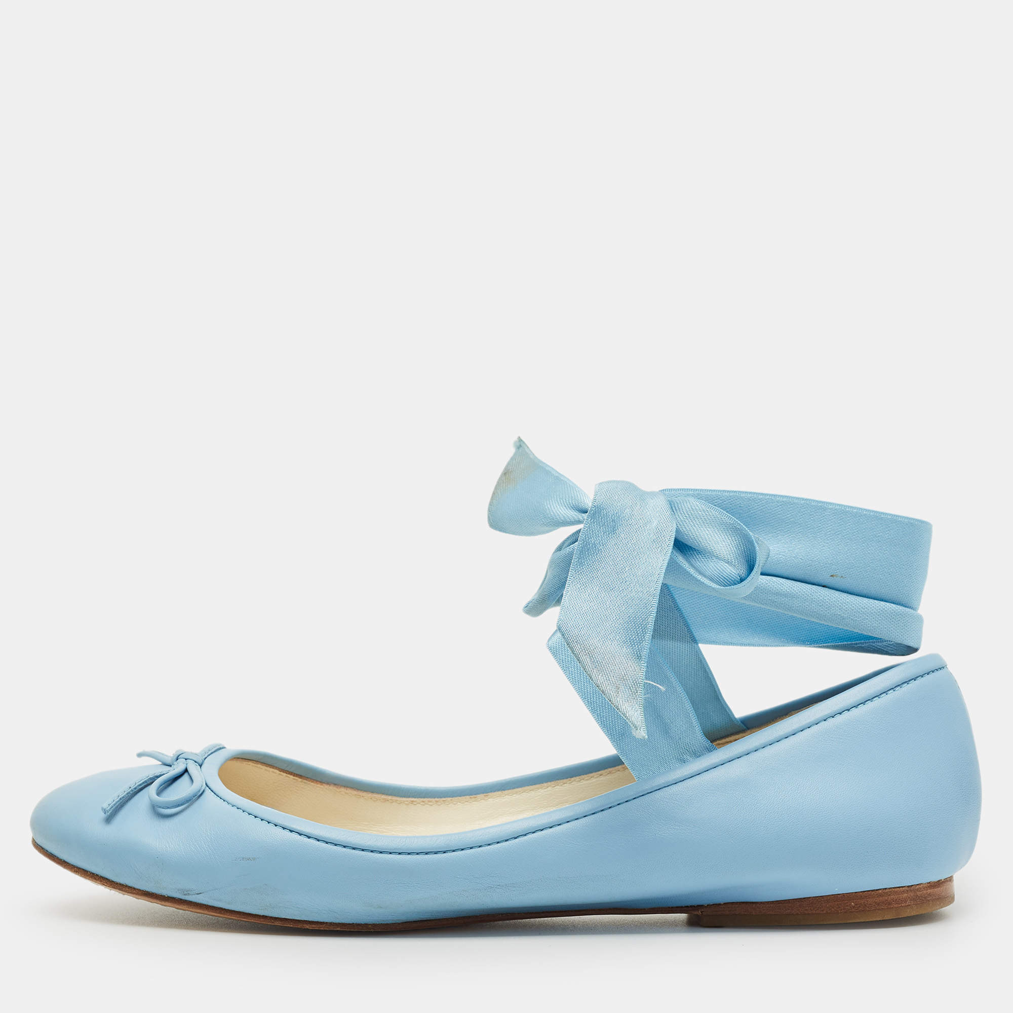 Pre Owned Ralph Lauren Collection Blue Leather Ankle Tie Up Ballet Flats Size 38