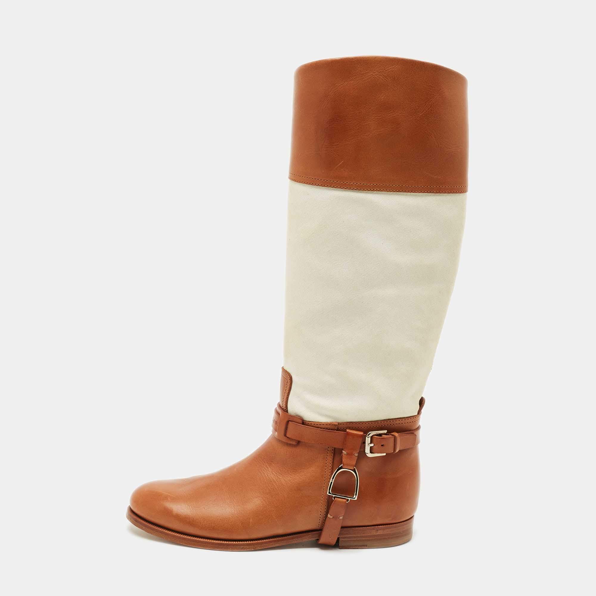 Pre Owned Ralph Lauren Collection Tan/White Canvas and Leather Riding Knee Length Boots Size 38