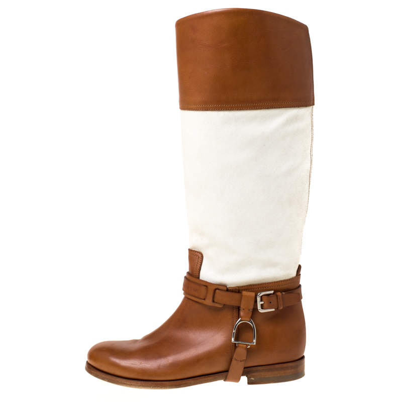 Ralph Lauren Tan White Canvas and Leather Riding Knee High Boots Size 37 Ralph Lauren Collection TLC