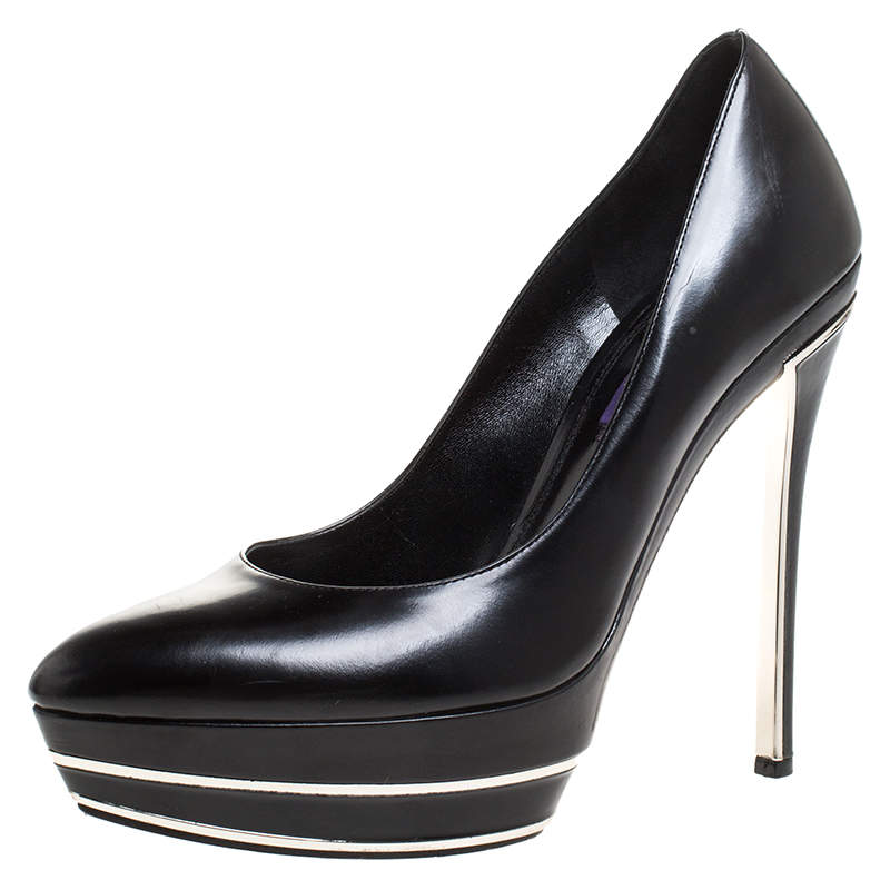 Pre Owned Ralph Lauren Black Leather Platform Pumps Size 39.5