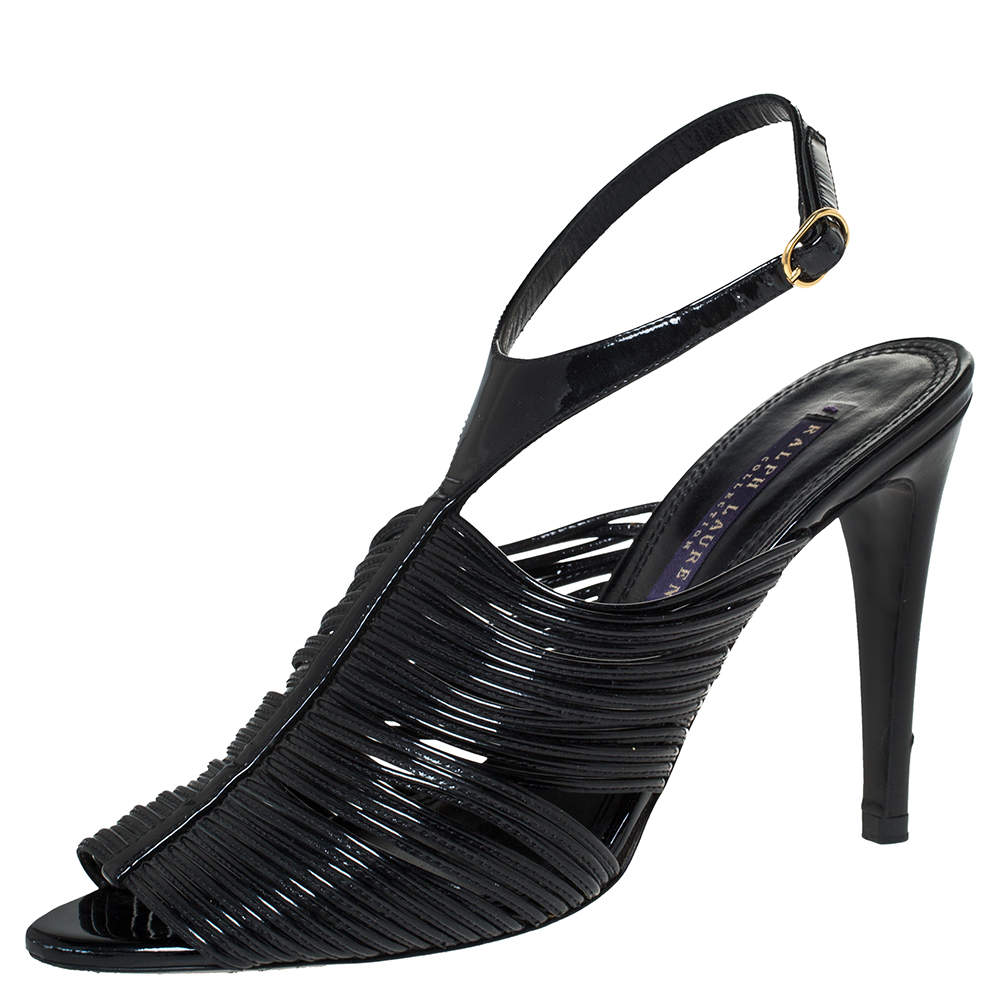 Ralph Lauren Black Patent Leather Ankle Strap Sandals Size 37.5