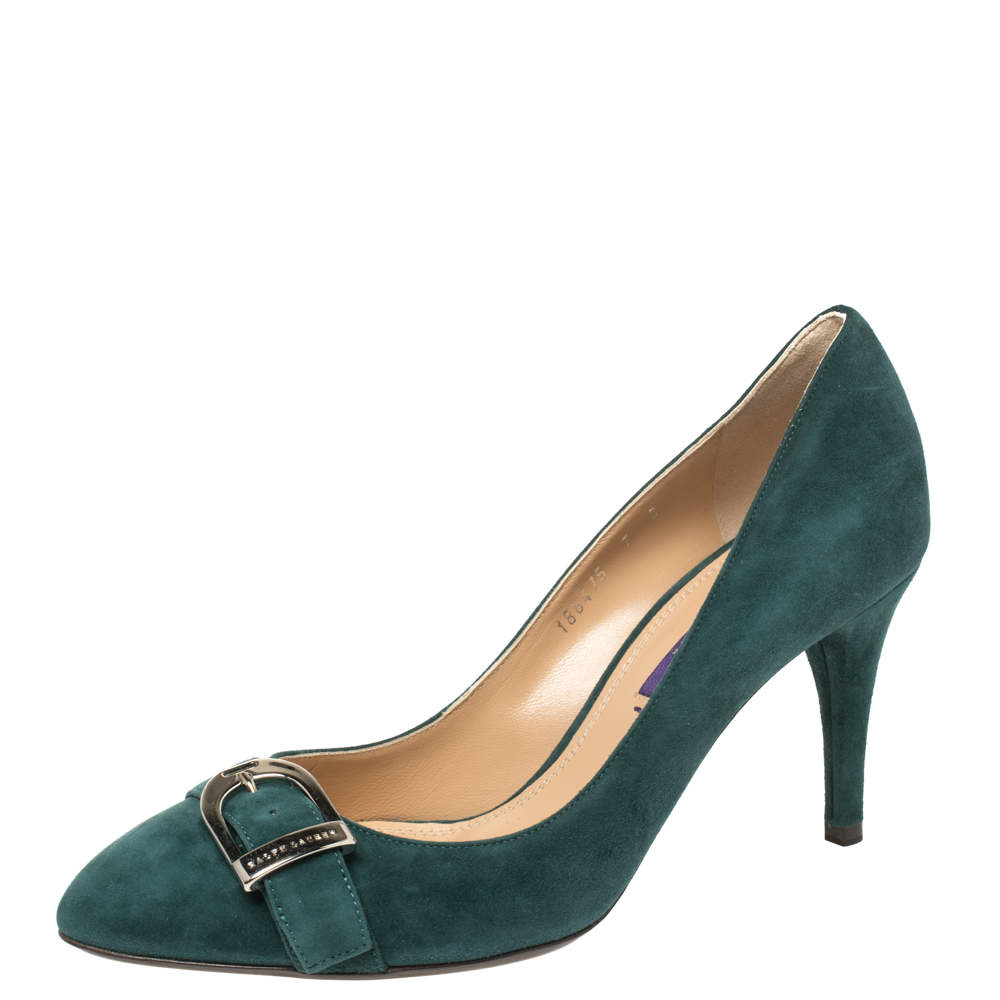 Pre Owned Ralph Lauren Dark Green Suede Buckle Embellished Pumps Size 37