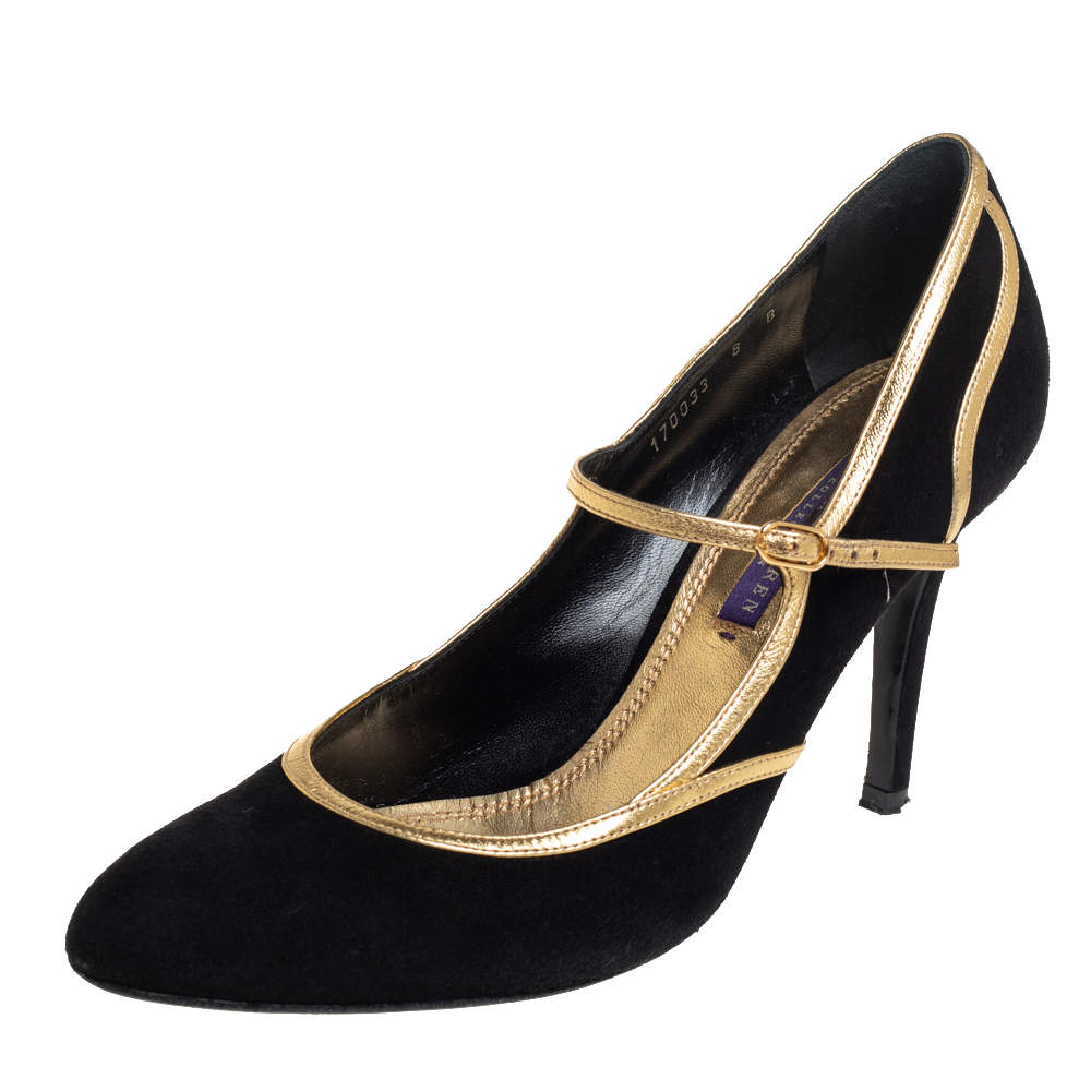Pre Owned Ralph Lauren Collection Black/Gold Suede And Leather Pumps Size 38.5