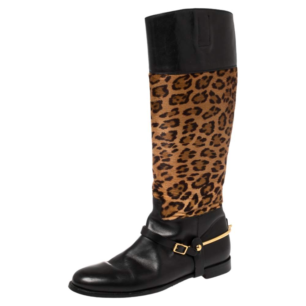 Ralph Lauren Collection Brown/Black Leopard Print Pony Hair and Leather Riding Knee High Boots Size 38.5