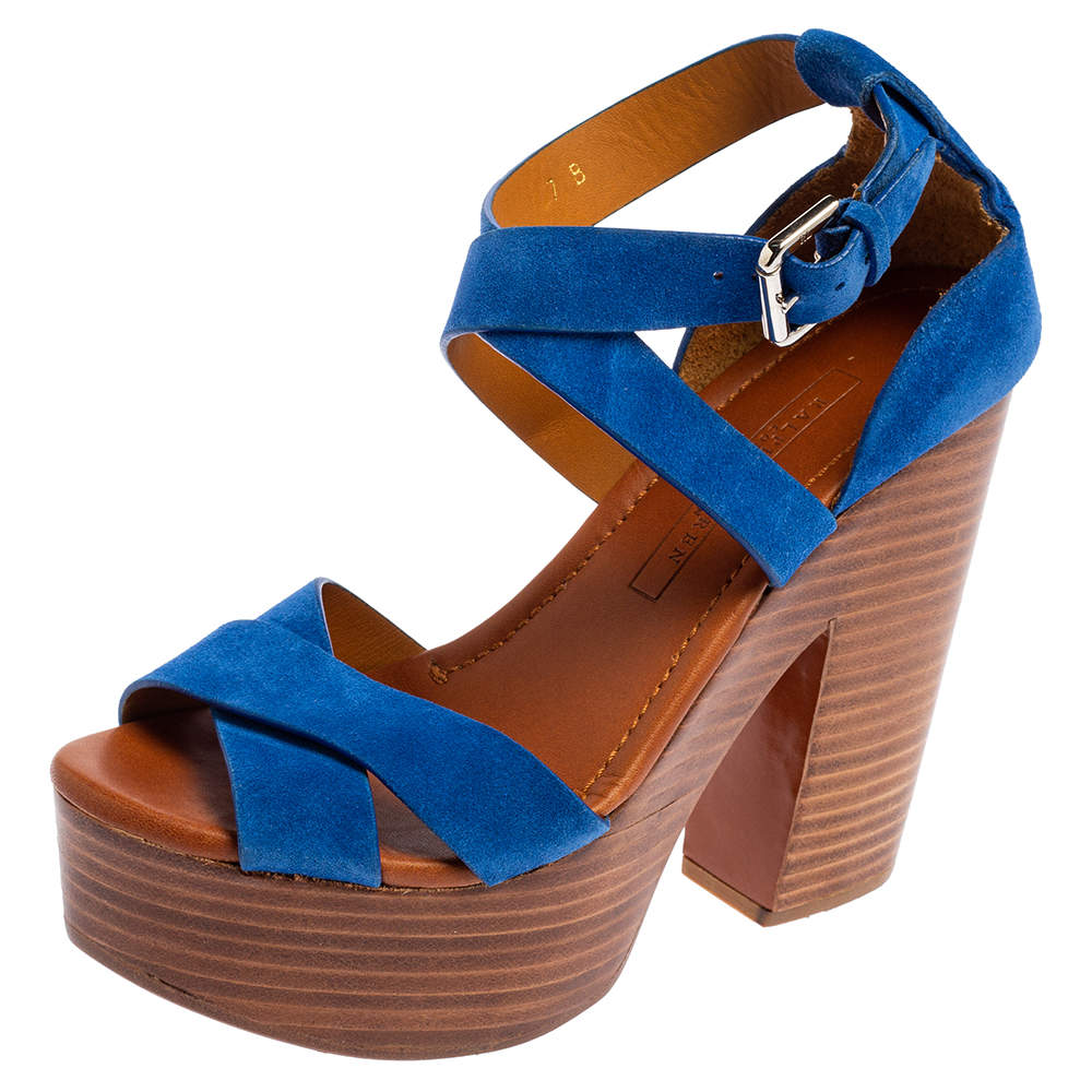 Pre Owned Ralph Lauren Collection Blue Suede Alannah Sandals Size 37.5