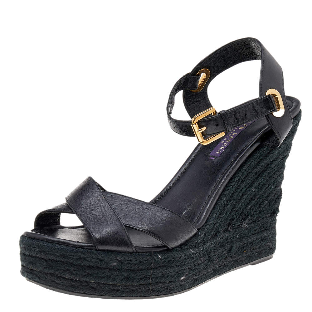 Pre Owned Ralph Lauren Collection Black Leather Criss Cross Espadrilles Platform Wedge Ankle Strap Sandals Size 41