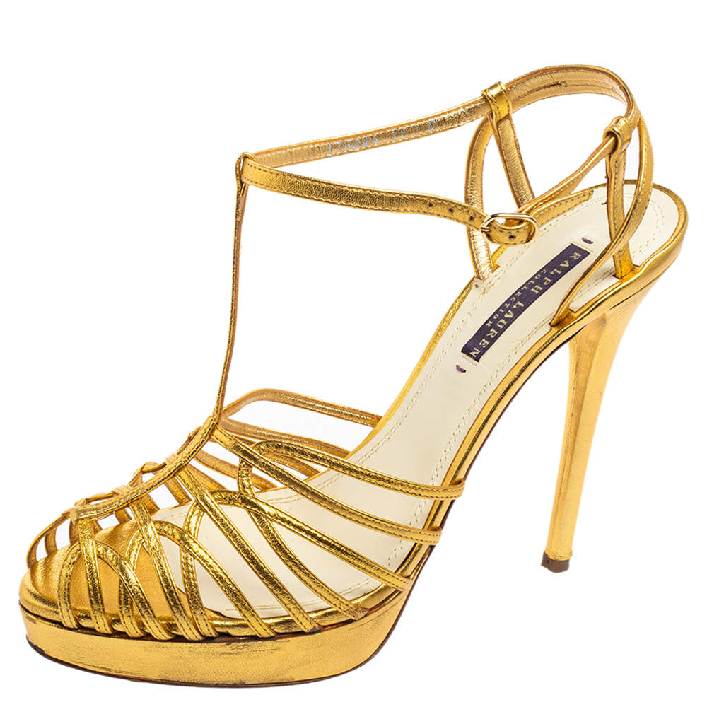 Pre Owned Ralph Lauren Gold Leather Peep-Toe Ankle-Strap Sandals Size 41