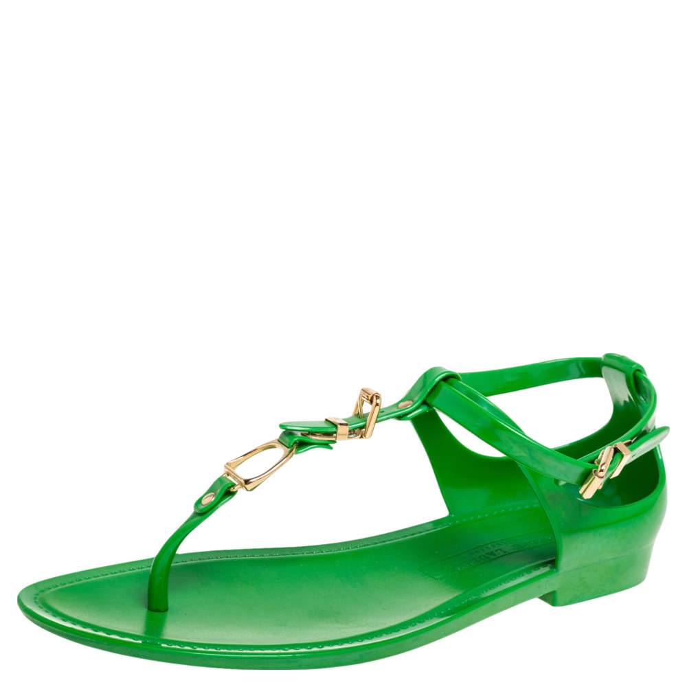 Pre Owned Ralph Lauren Collection Green Jelly Thong Ankle Strap Flat Sandals Size 40