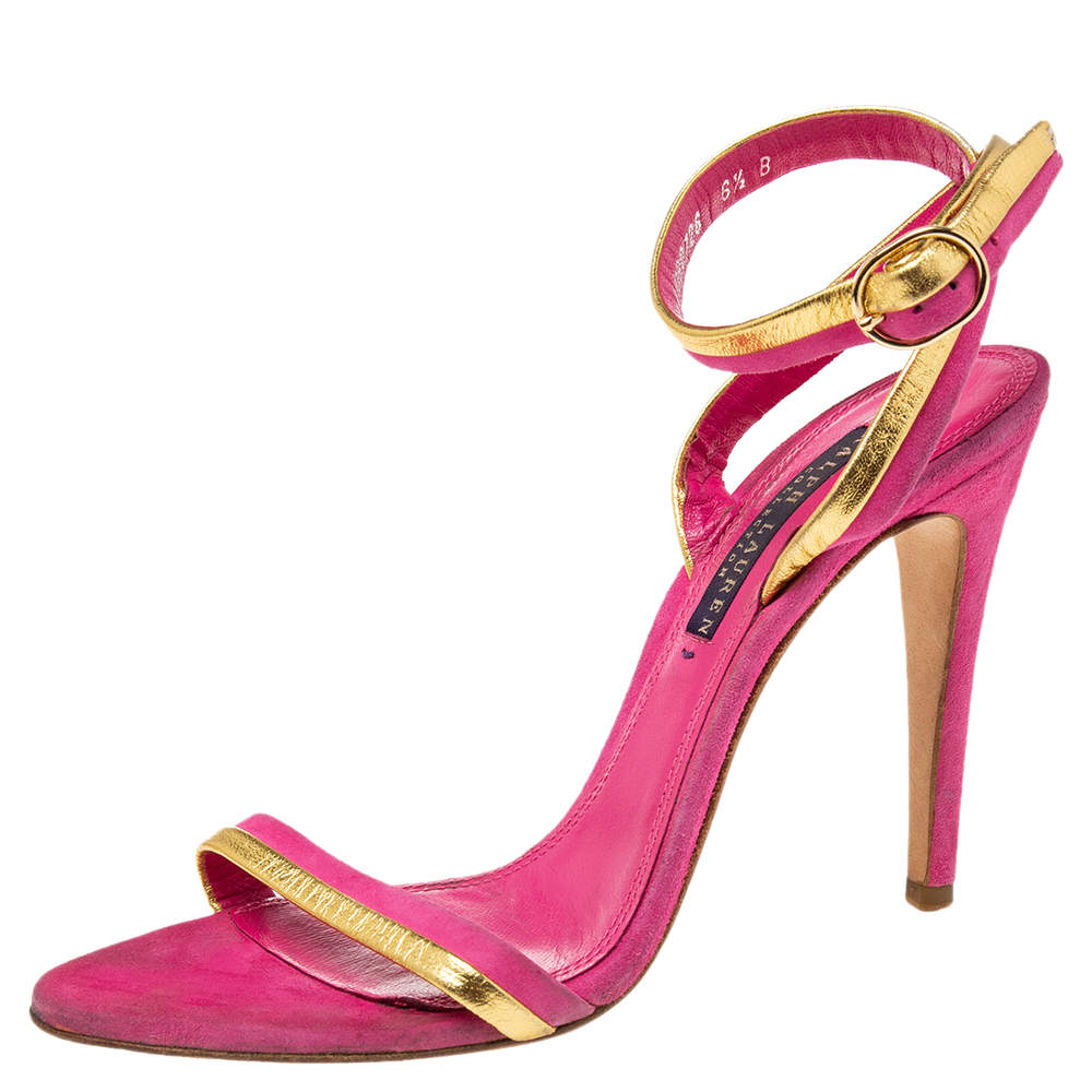 Pre Owned Ralph Lauren Collection Pink/Gold Suede and Leather Ankle-Strap Sandals Size 36.5