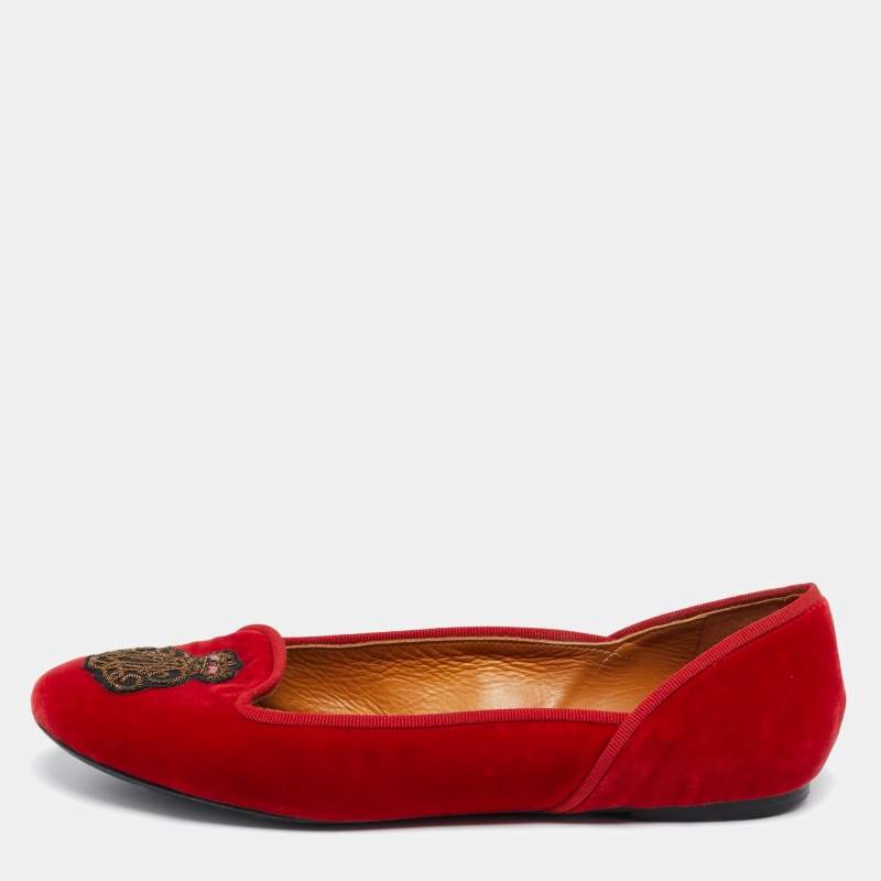 Pre Owned Ralph Lauren Collection Red Velvet Embroidered Ballet Flats Size 40