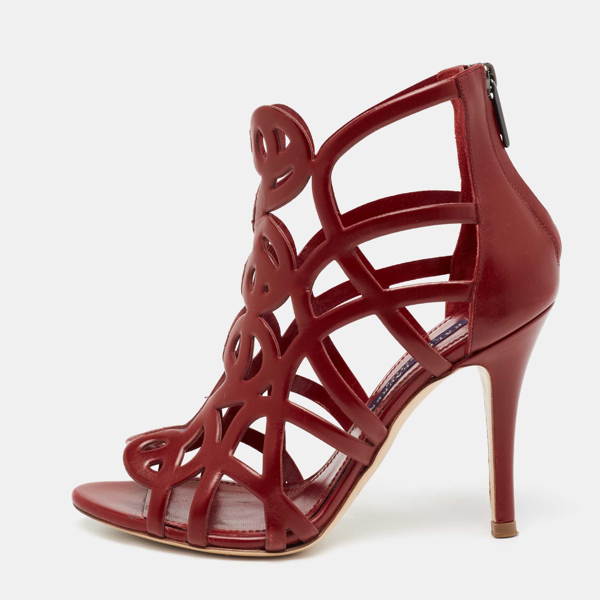 Pre Owned Ralph Lauren Collection Burgundy Leather Cut-Out Sandals Size 36