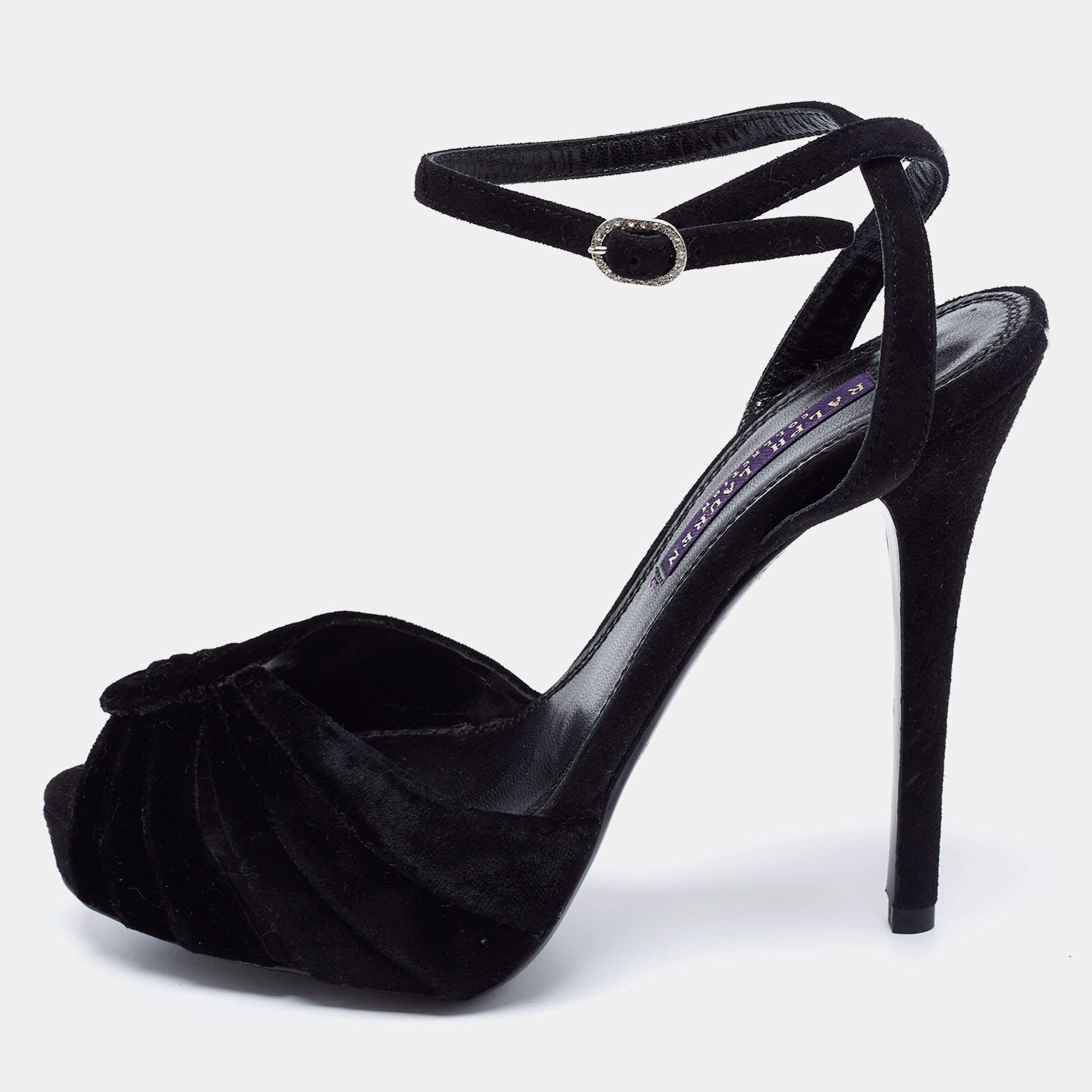 Ralph Lauren Collection Black Velvet Platform Ankle Strap Sandals Size ...