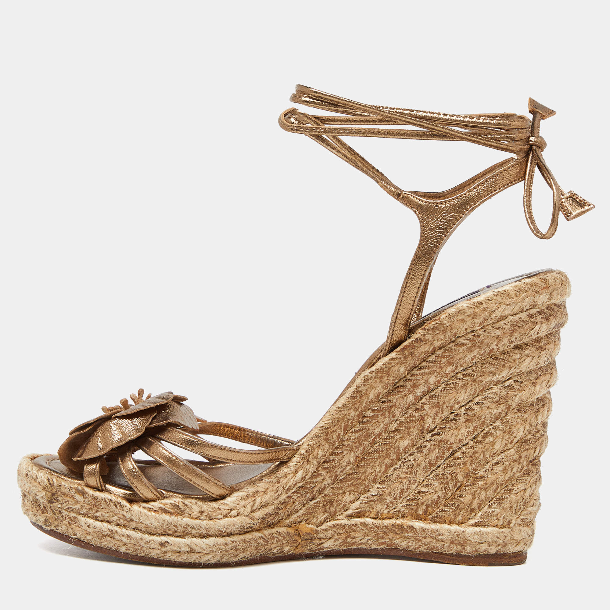 Pre Owned Ralph Lauren Collection Metallic Leather Flower Applique Espadrille Wedge Ankle Tie Sandals Size 37