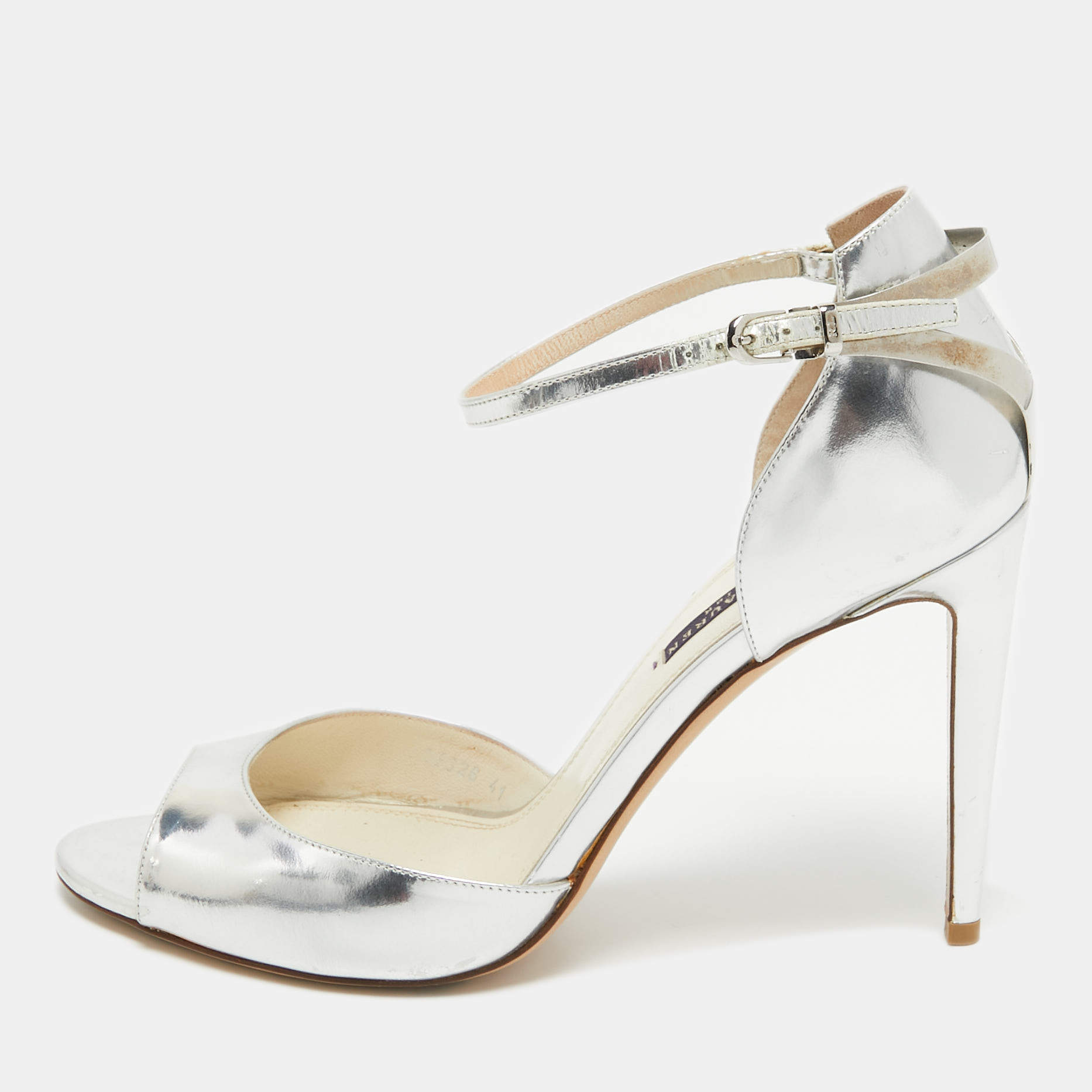 Pre Owned Ralph Lauren Collection Silver Leather Ankle Strap Sandals Size 41