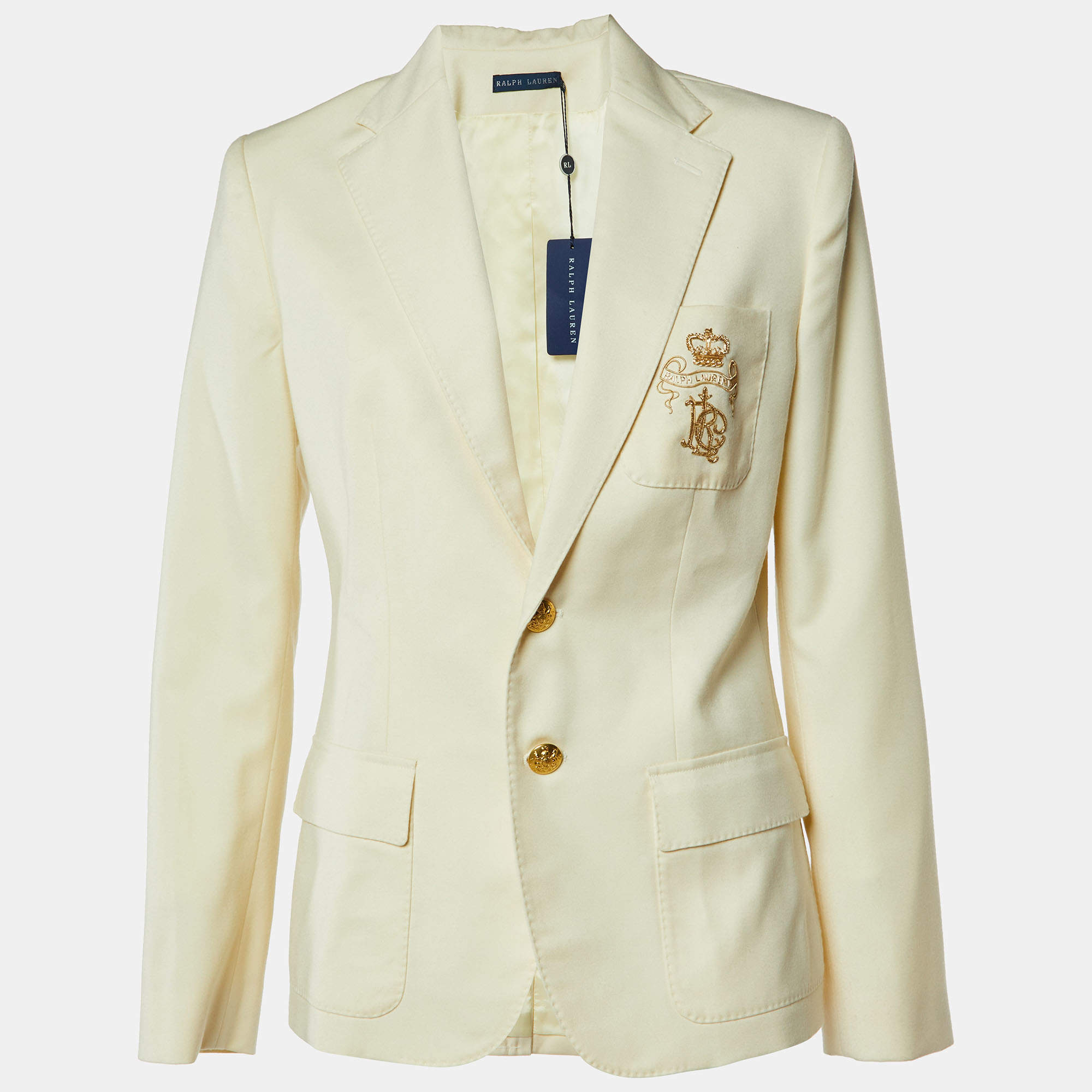 Pre Owned Ralph Lauren Yellow Wool Crest Detail Blazer L