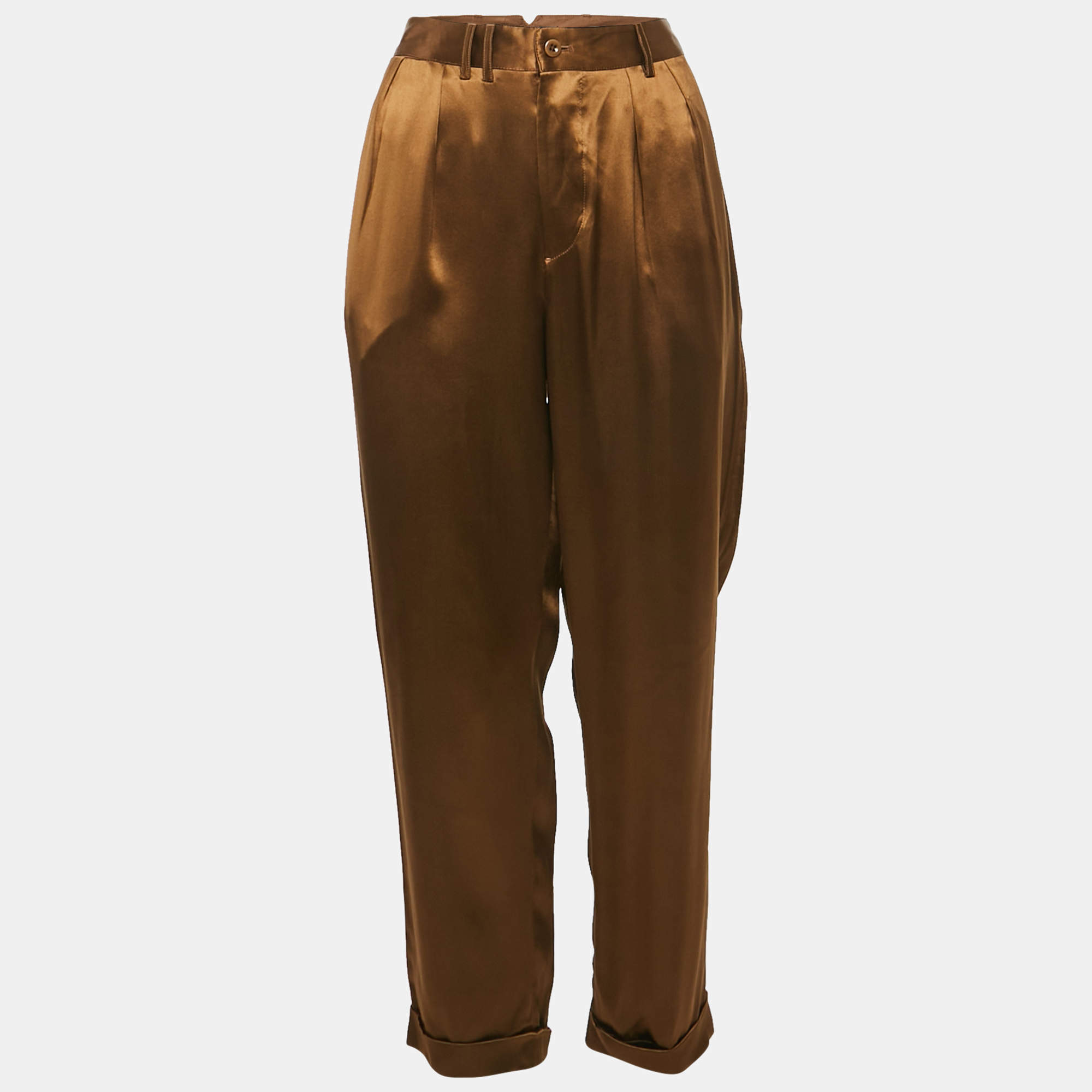 Pre Owned Ralph Lauren Desert Copper Brown Satin Pleated Serena Trousers L