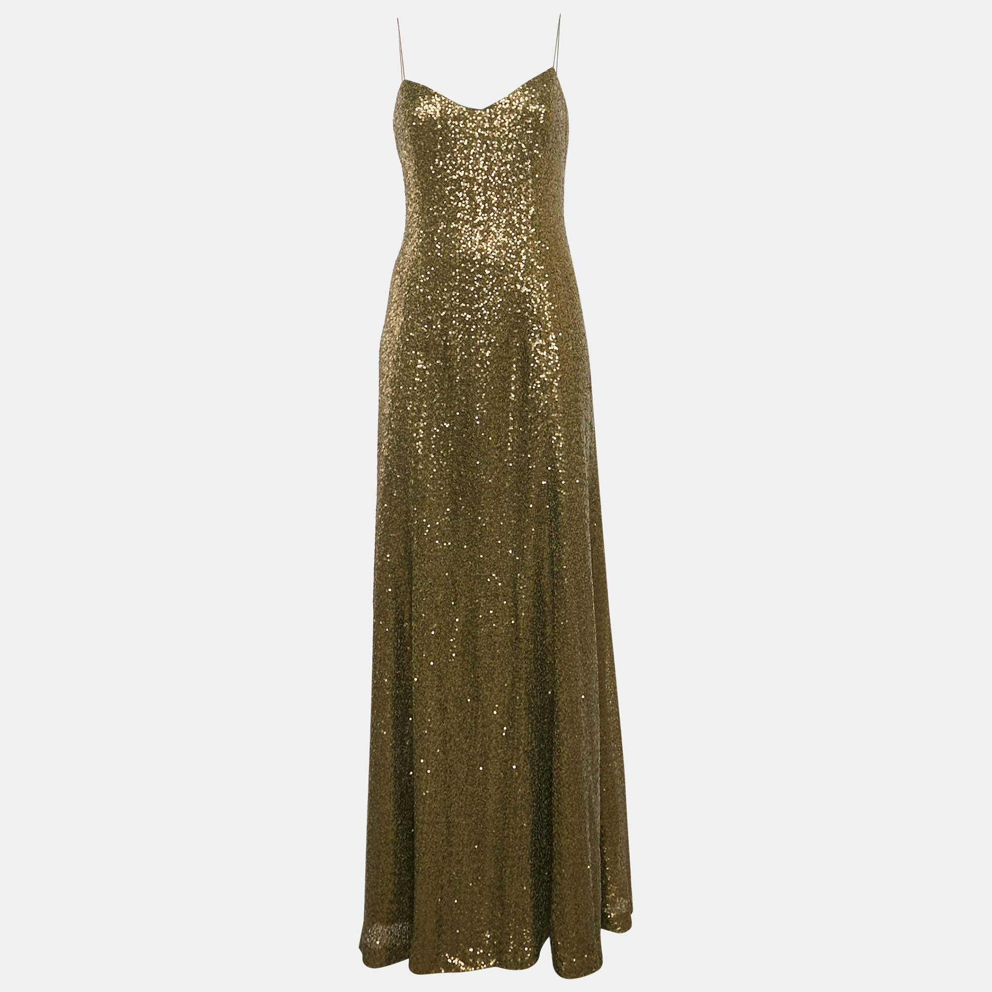 Ralph Lauren Evening Olive Green Sequin Mesh Maxi Dress XL