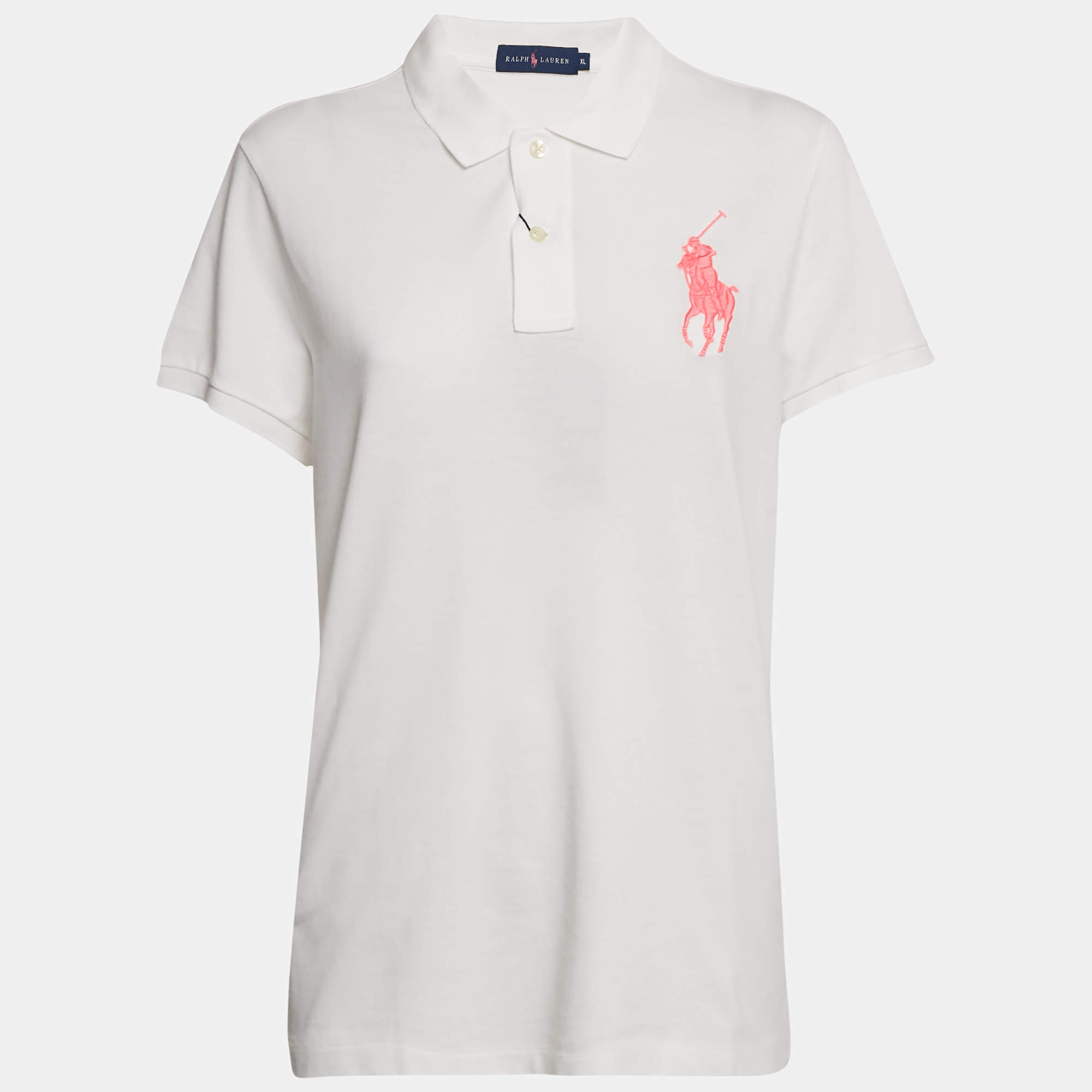 Pre Owned Ralph Lauren White Cotton Pique Pink Pony Polo T-Shirt XL