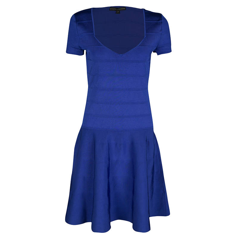 Pre Owned Ralph Lauren Sapphire Blue Short Sleeve Bandage Skater Dress L